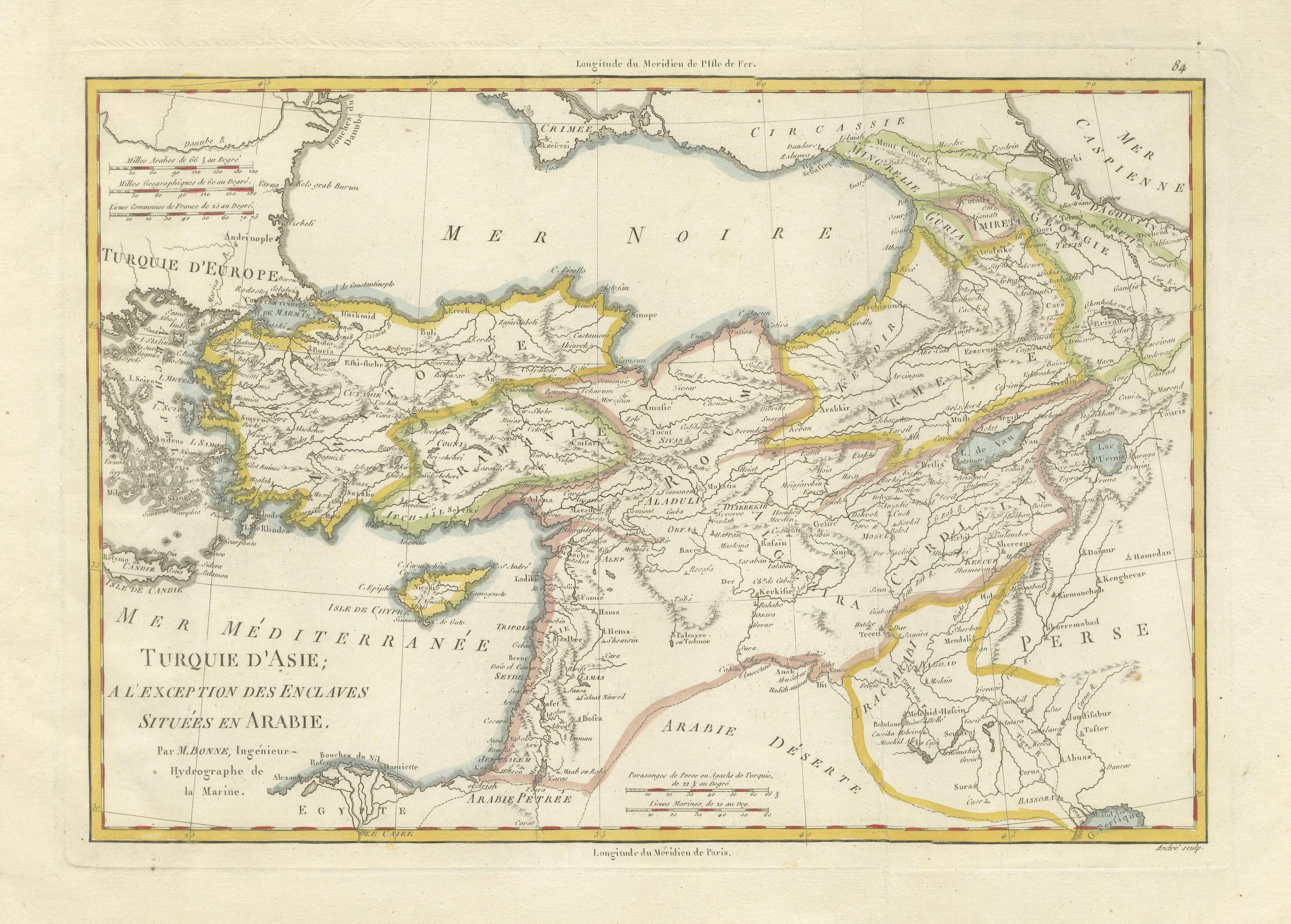 Antique Map of Turkey in Asia, Middle East and Persia, Bonne, c.1780