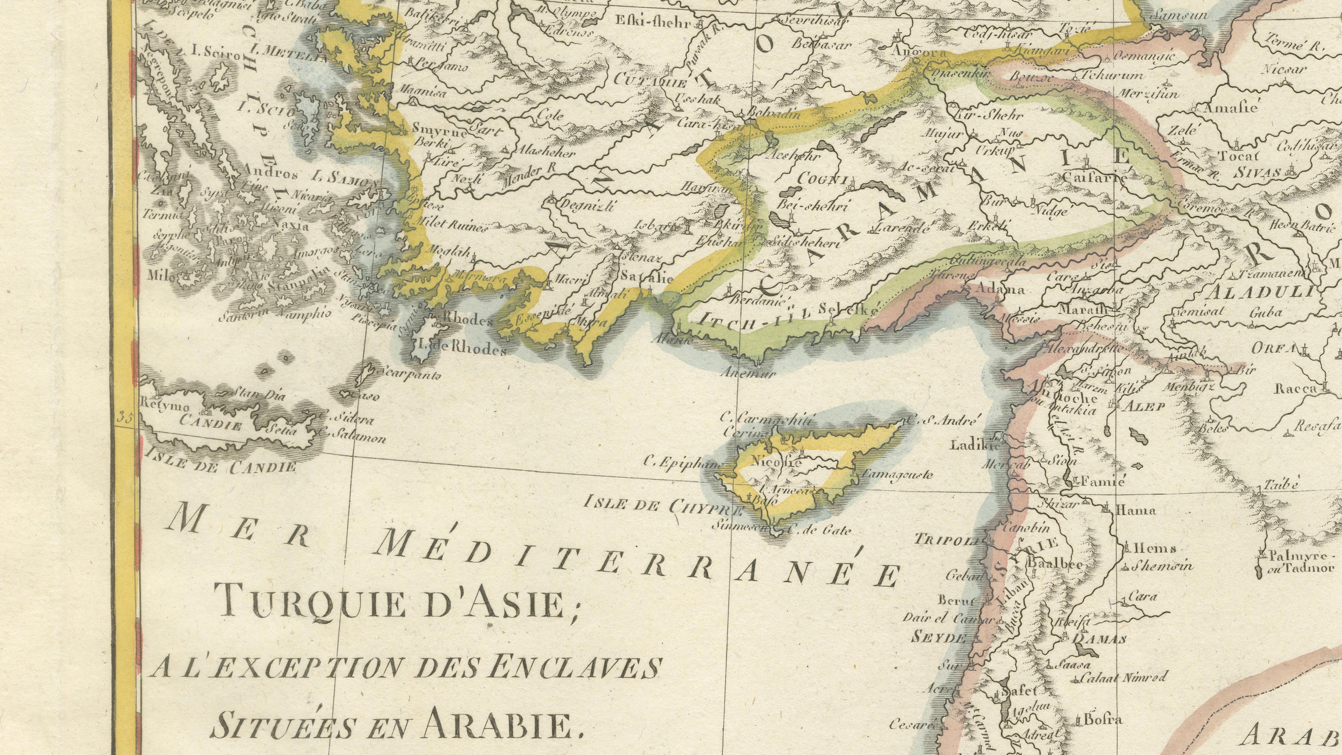 Antique Map of Turkey in Asia, Middle East and Persia, Bonne, c.1780