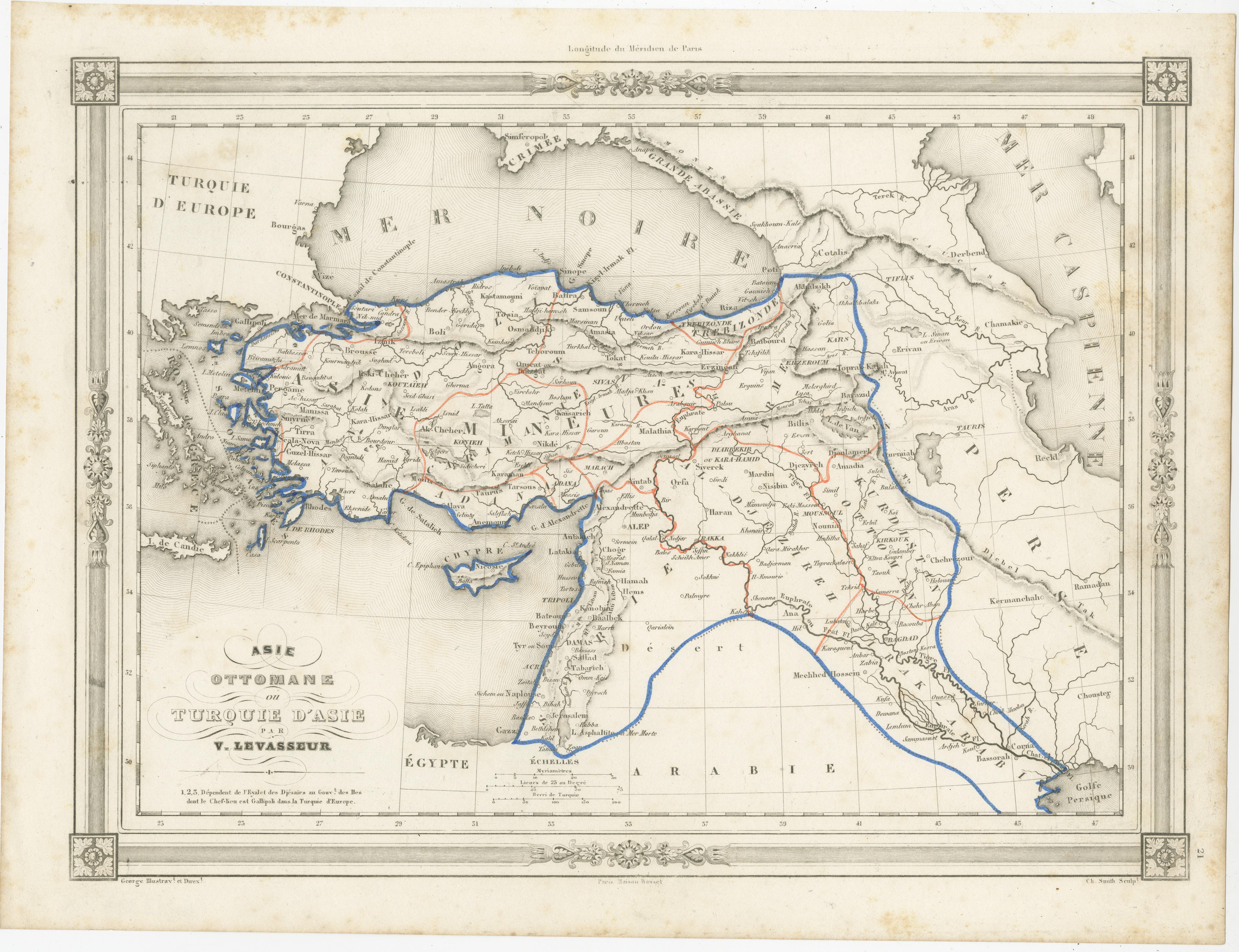 Antique map titled 'Asie Ottomane ou Turquie d'Asie'. Attractive map of Turkey in Asia. The map covers the Asian territories claimed by the Turkish Ottoman Empire c.1850 from the Black Sea to Arabia, including Cyprus. This map originates from Maison