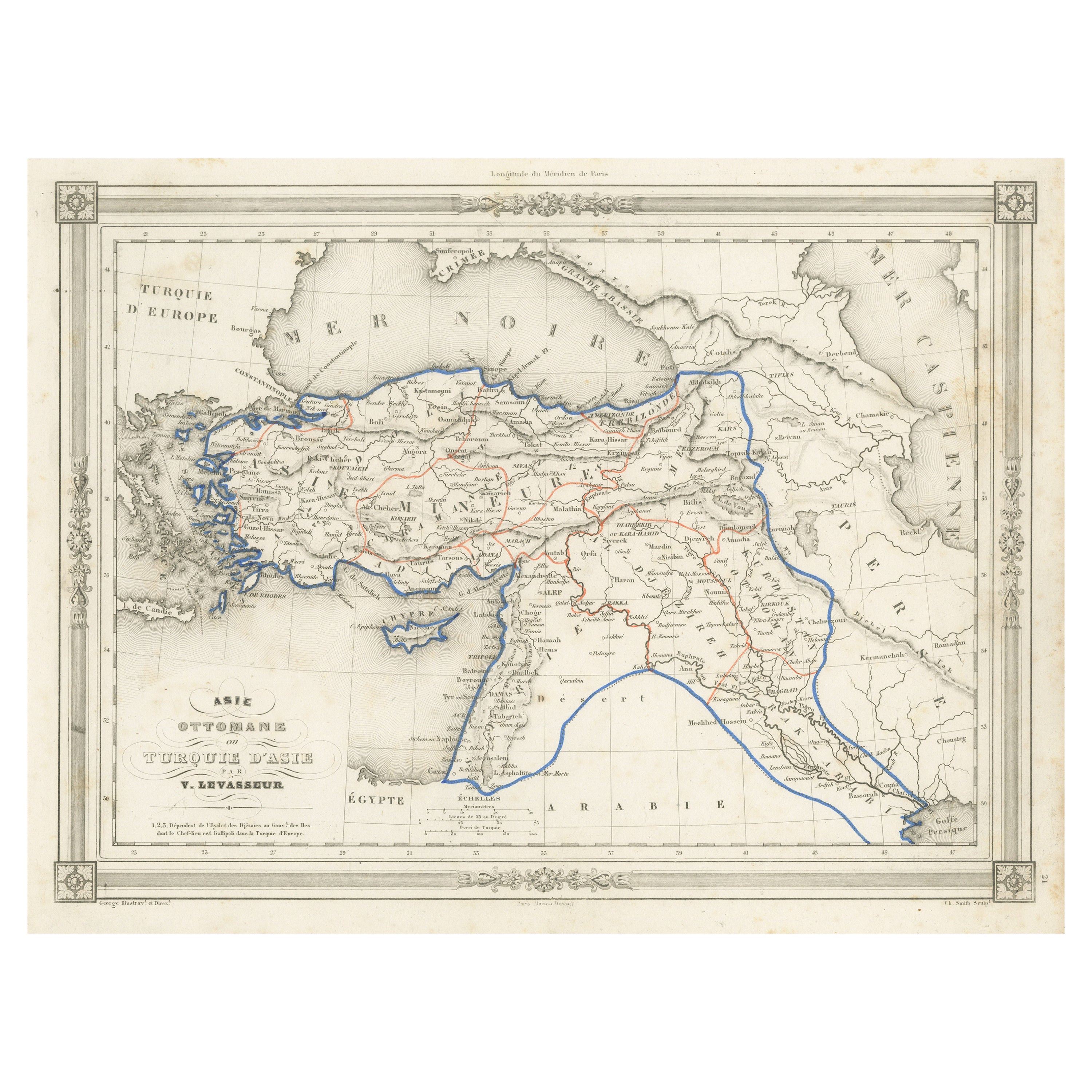 Mapa antiguo de Turquía en Asia, con borde estilo marco