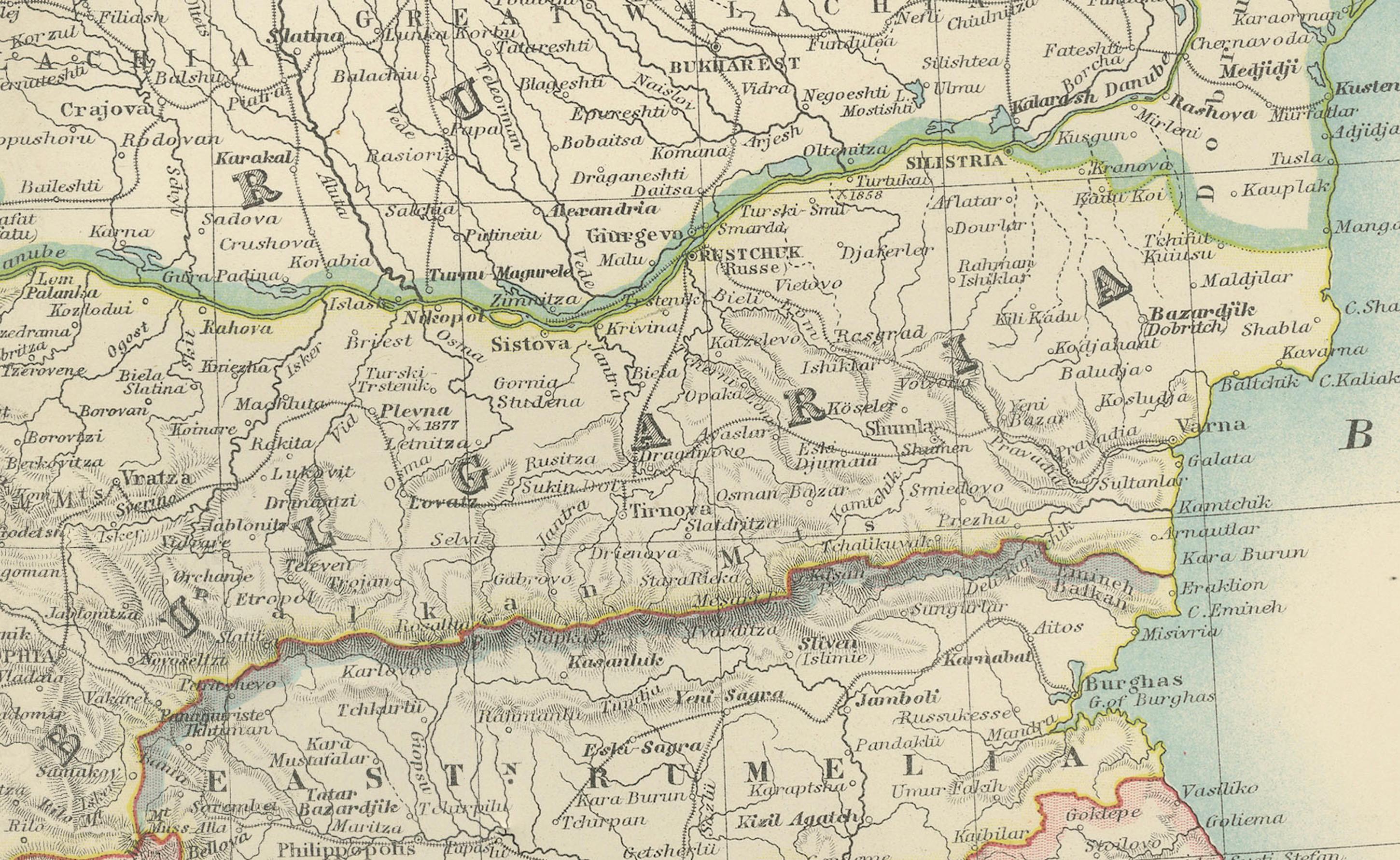 Carte ancienne de la Turquie en Europe, 1903, délicatement colorée au pastel Bon état - En vente à Langweer, NL