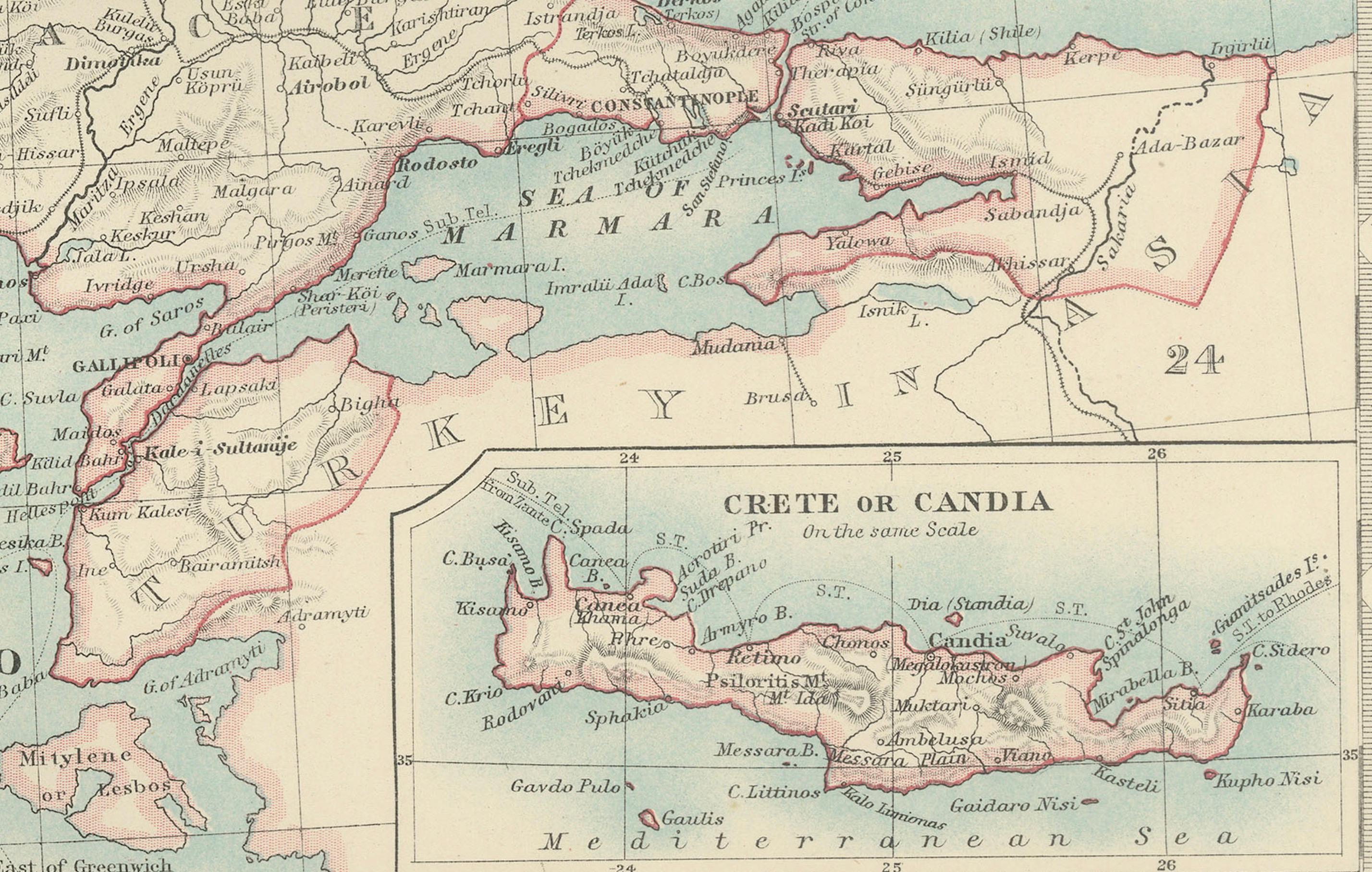 20ième siècle Carte ancienne de la Turquie en Europe, 1903, délicatement colorée au pastel en vente