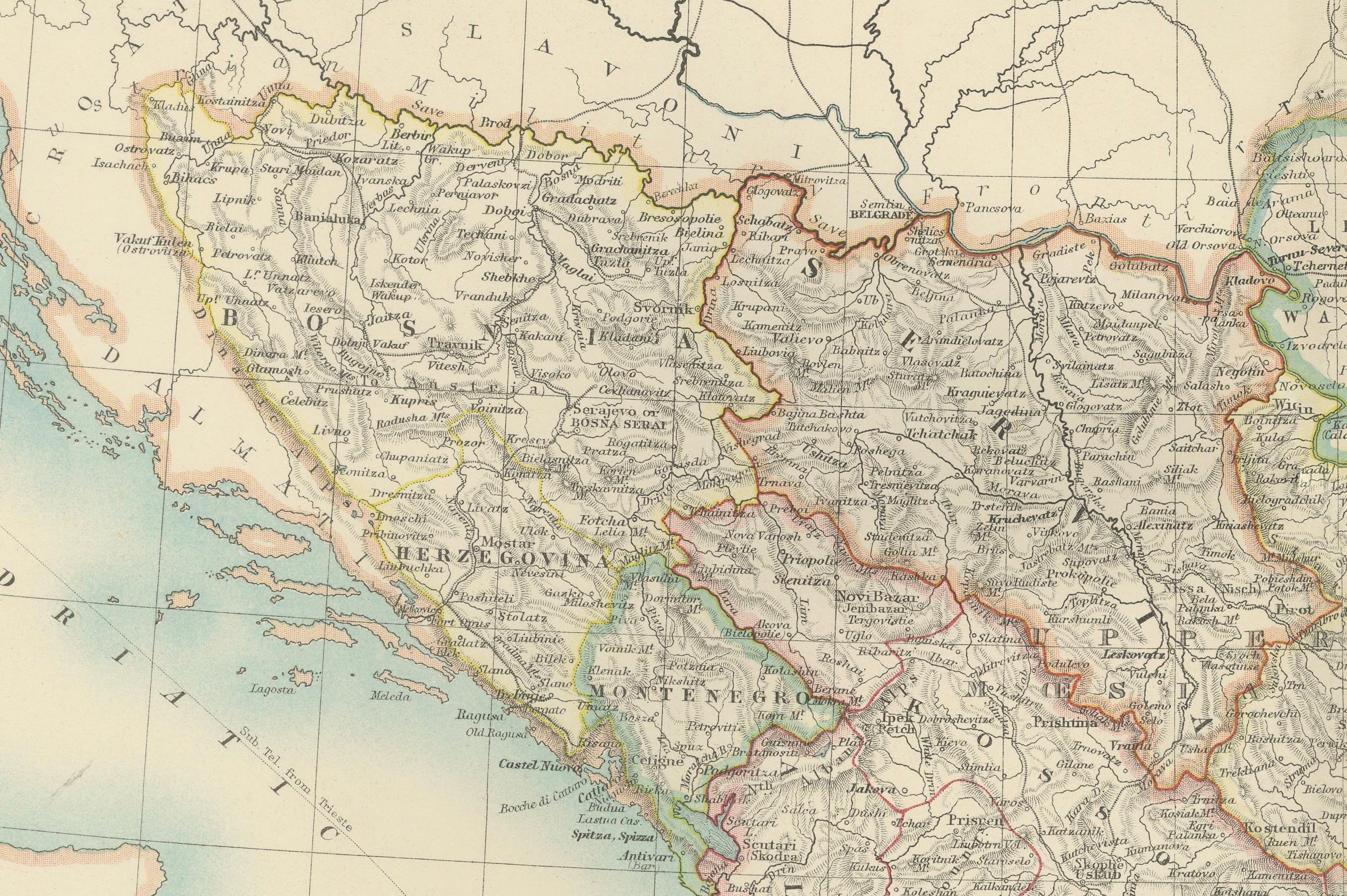 Carte ancienne de la Turquie en Europe, 1903, délicatement colorée au pastel en vente 1