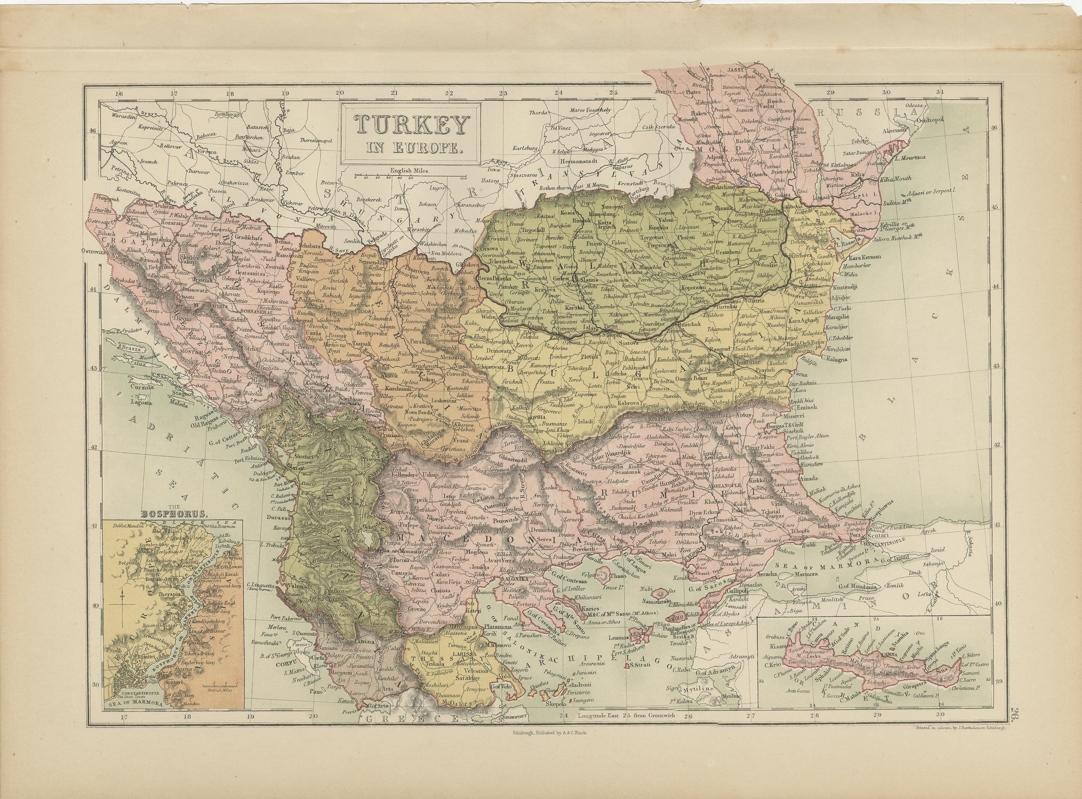 Antique map titled 'Turkey in Europe'. Original antique map of Turkey in Europe with inset maps of the Bosporus and Crete or Candia. This map originates from ‘Black's General Atlas of The World’. Published by A & C. Black, 1870.