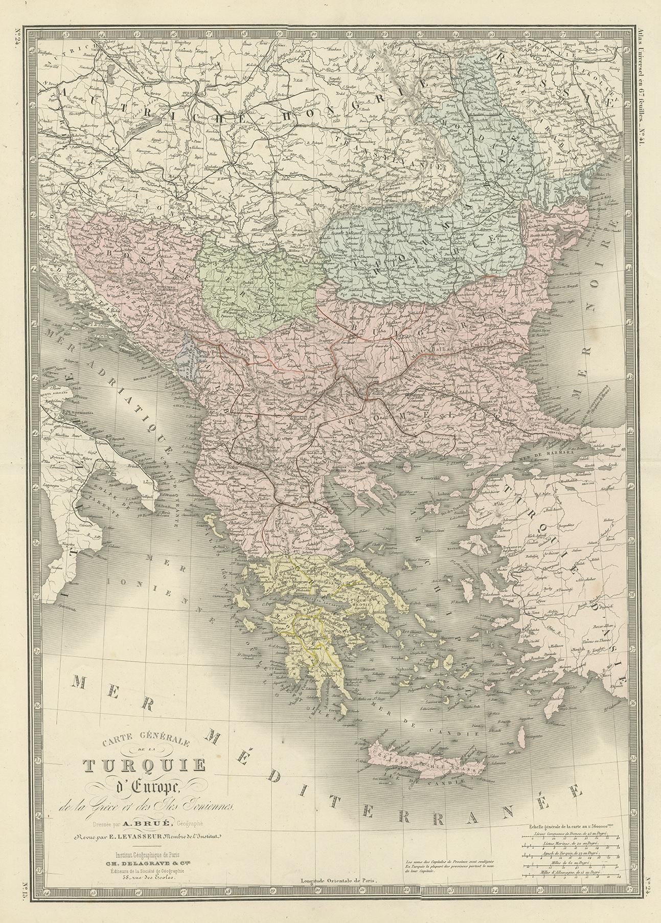 Antique map titled 'Carte générale de la Turquie d'Europe'. Large map of Turkey in Europe. This map originates from 'Atlas de Géographie Moderne Physique et Politique' by A. Levasseur. Published 1875.