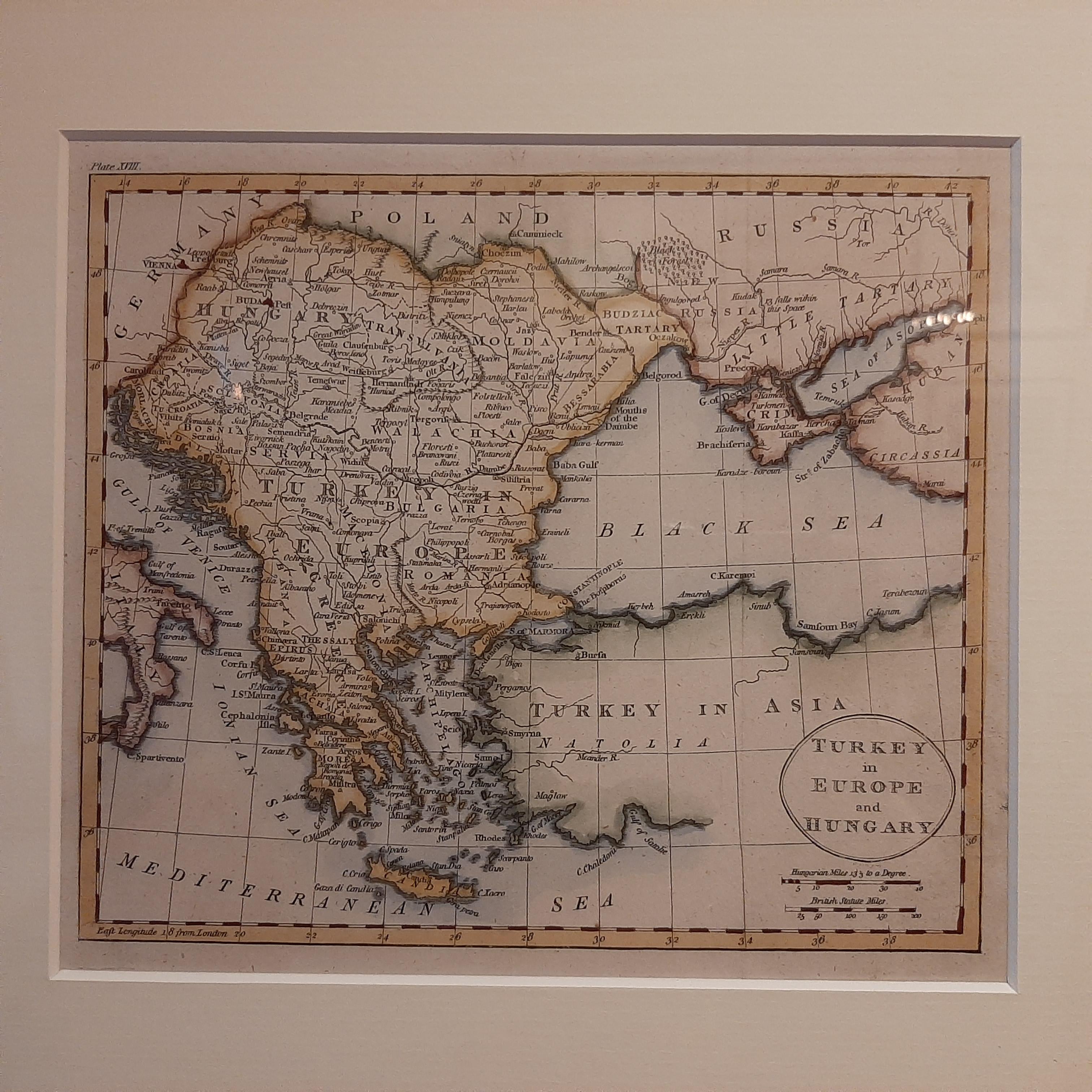 Antique map titled 'Turkey in Europe and Hungary'. Original map of Turkey in Europe. Covers present day Northern Turkey, Greece, Albania, Romania, Hungary, Croatia, Bosnia Herzogovina, etc. This map originates from 'A New Geographical, Historical &