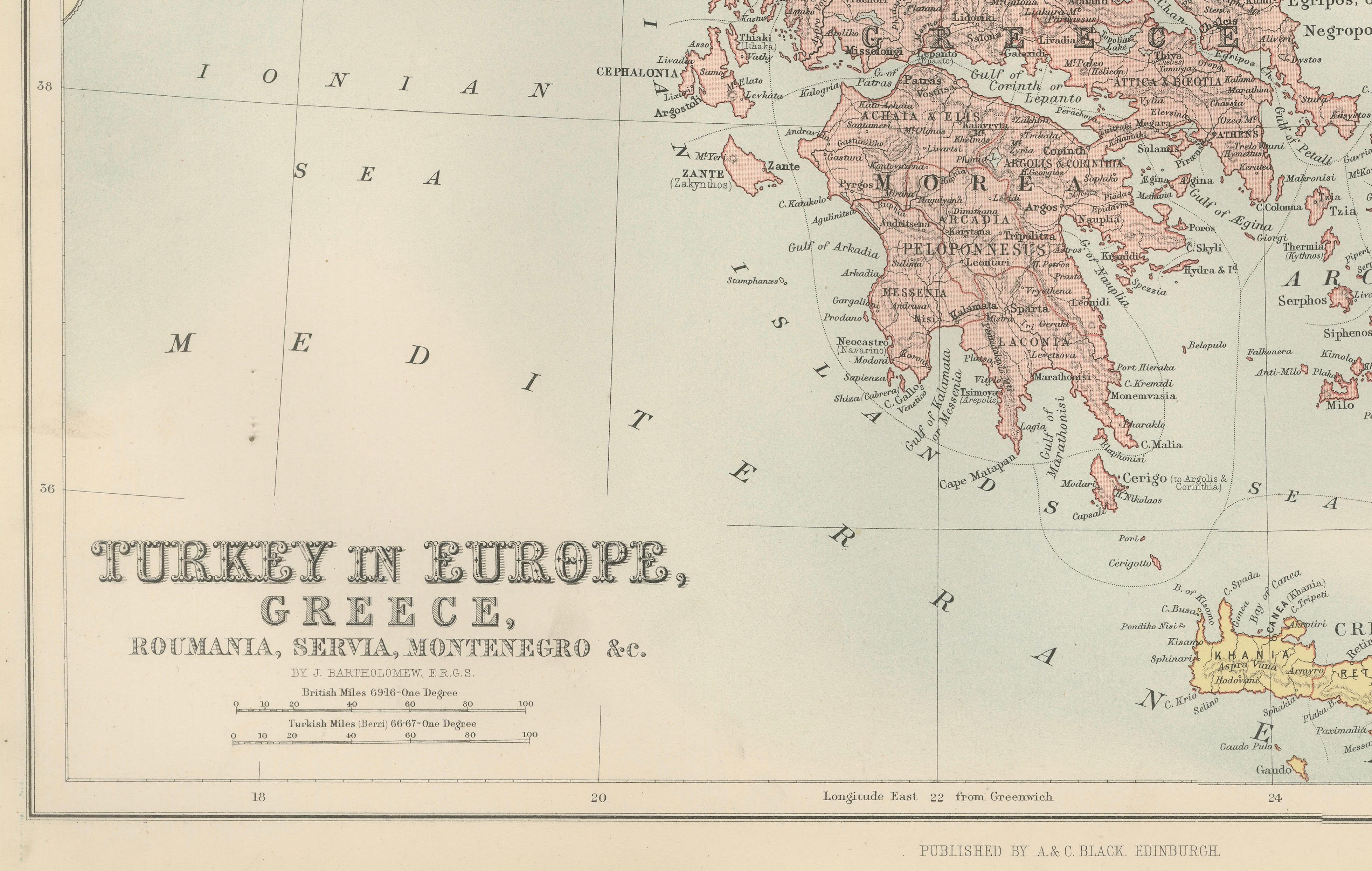 Antique Map of Turkey in Europe, Greece and the Balkans – Black’s Atlas, 1884