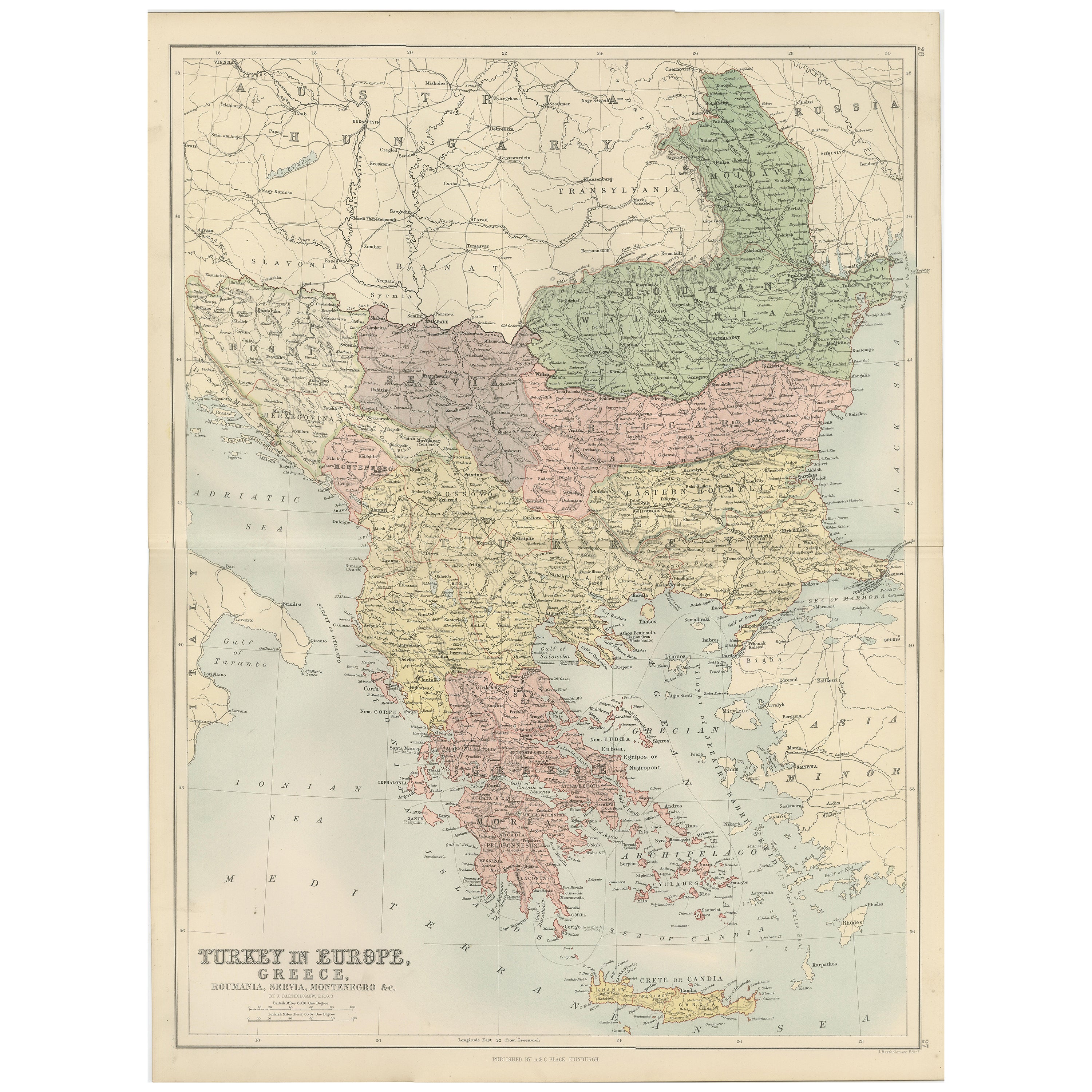 Carte ancienne de la Turquie en Europe, de la Grèce et des Balkans - Black
s Atlas, 1884
