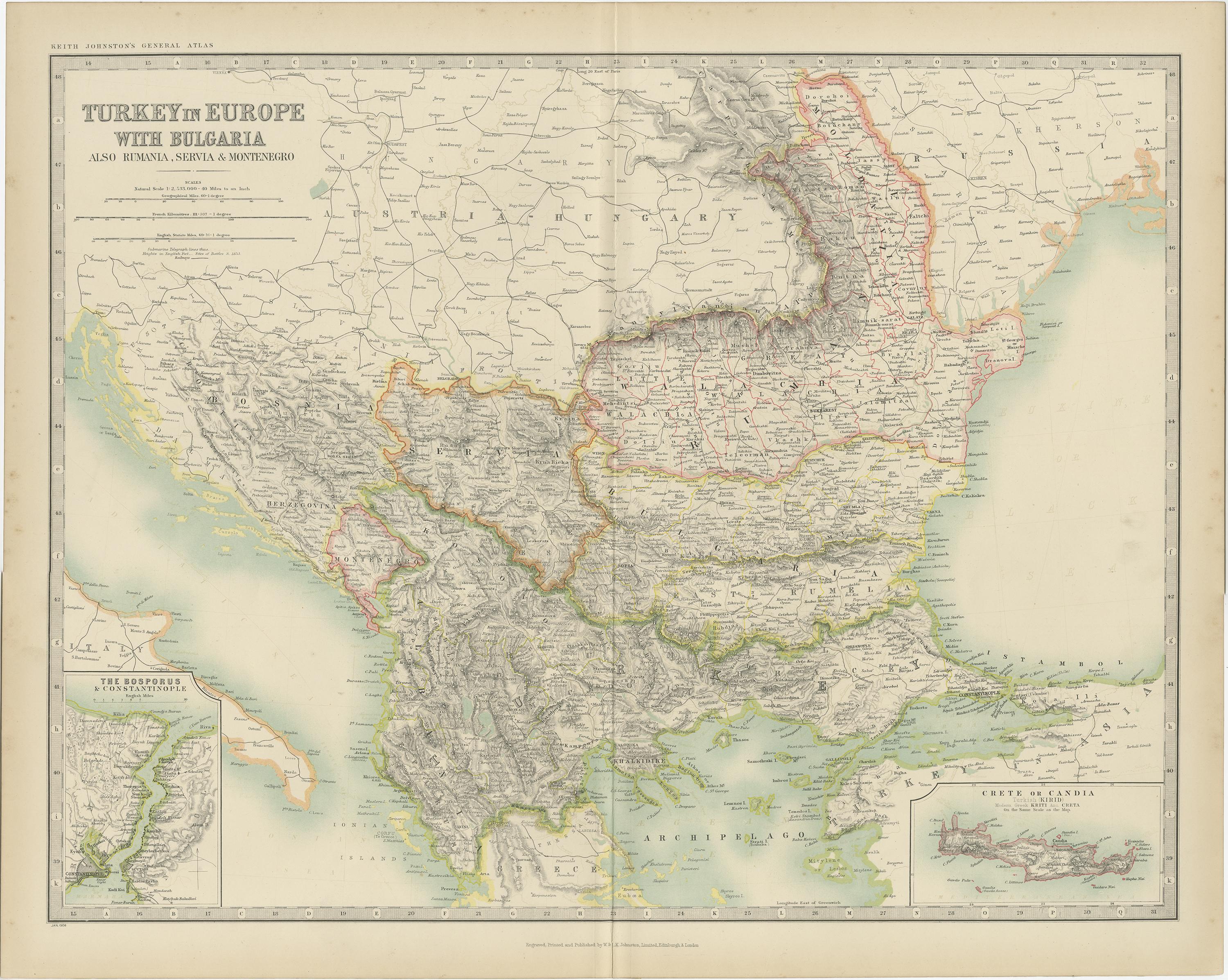 Antique map titled 'Turkey in Europe with Bulgaria'. Original antique map of Turkey in Europe with Bulgaria. With inset maps of The Bosporus & Constantinople, and Crete (or Candia). This map originates from the ‘Royal Atlas of Modern Geography’.