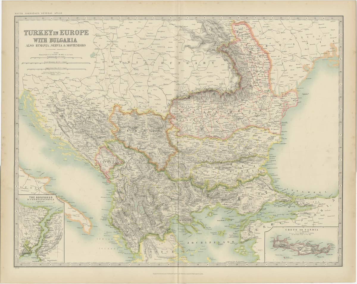 Antique Map of Turkey in Europe with Bulgaria by Johnston, 1909