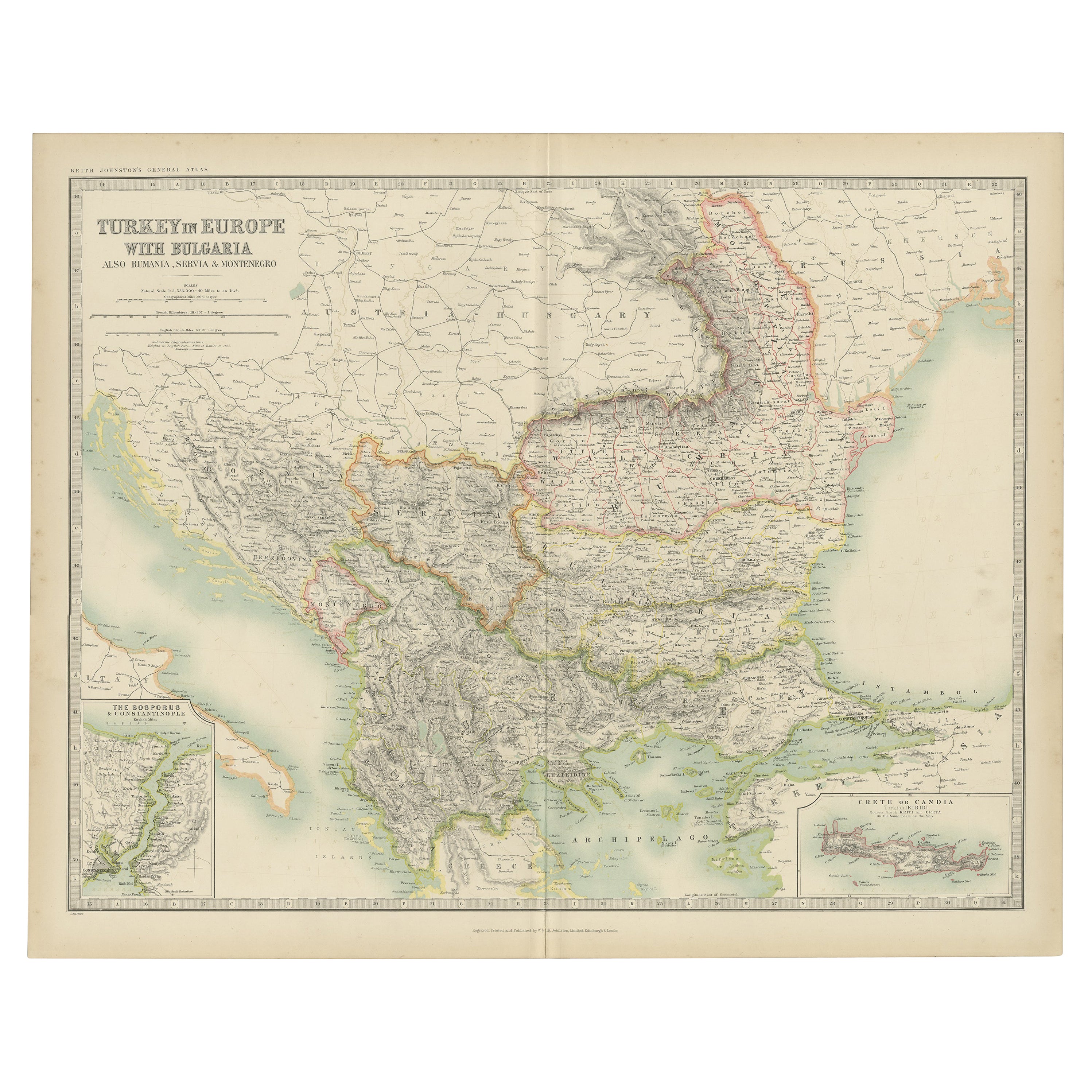 Carte ancienne de la Turquie en Europe et de la Bulgarie par Johnston (1909)