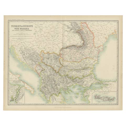 Antique Map of Turkey in Europe with Bulgaria by Johnston, 1909