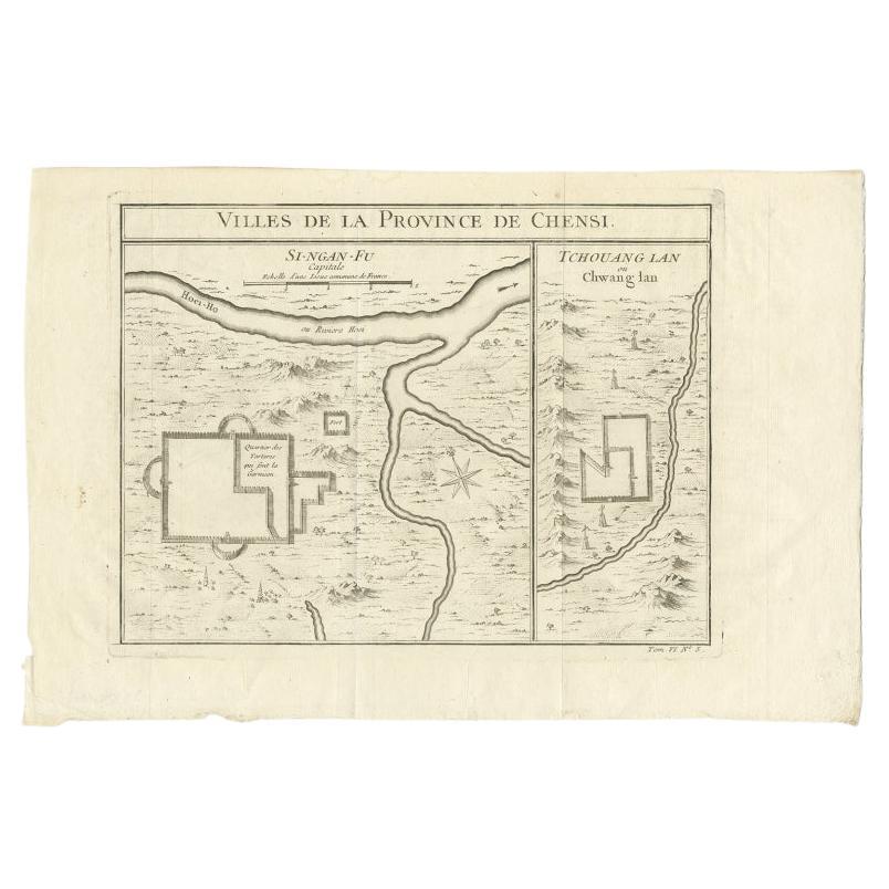 Antique Map of Two Cities in the Province of Shanxi or Chensi, China, 1748 For Sale