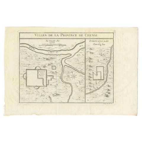 Antique Map of Two Cities in the Province of Shanxi or Chensi, China, 1748