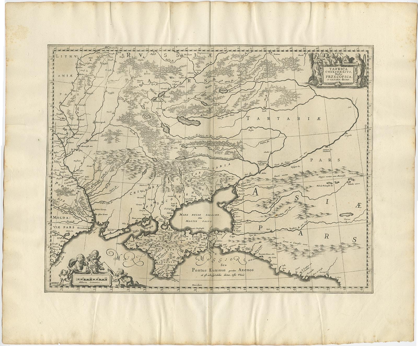 Antique map titled 'Taurica Chersonesus hodie Przecopsca et Gazara dicitur'. 

Map showing the area between the northern coast of the Black Sea including the mouth of the Danube River and Moscow (Russia). Made after the map by Blaeu. 

Artists