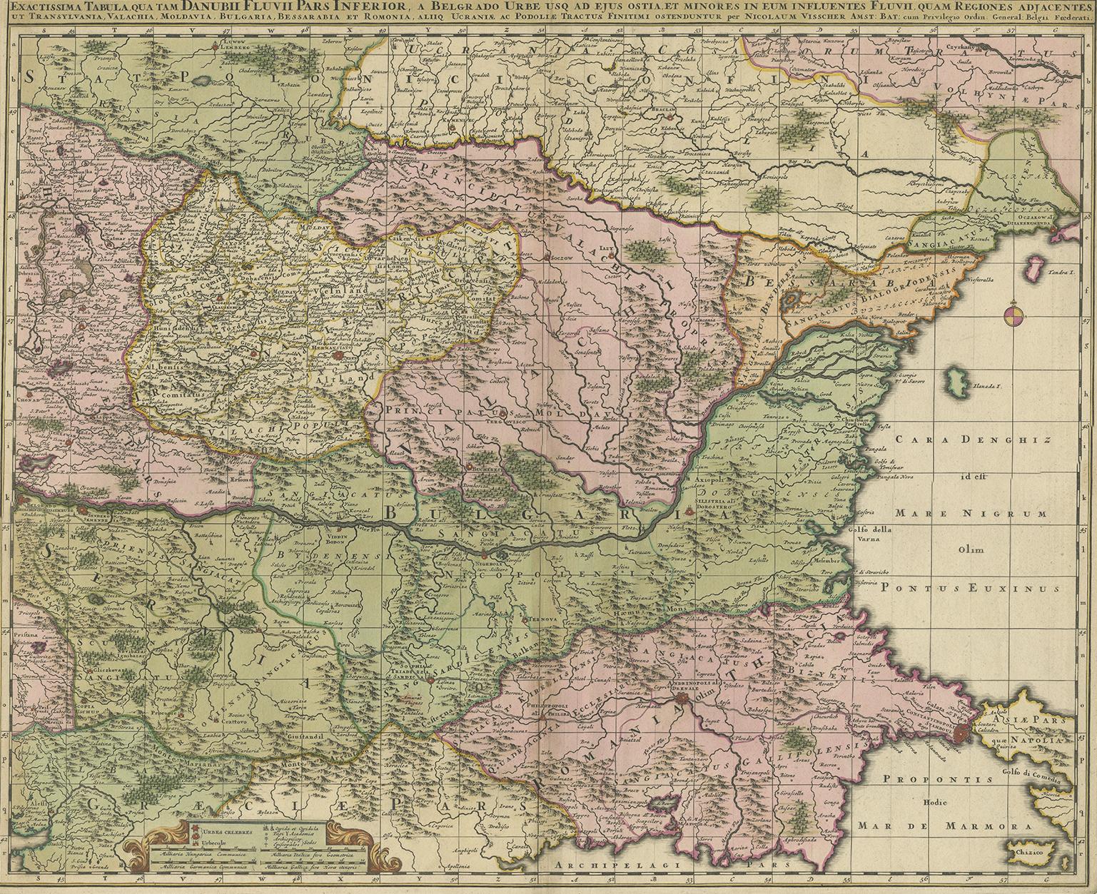 Antique map titled 'Exactissima Tabula qua tam Danubii Fluvii Pars Inferior, a Belgrado Urbe usq ad ejus ostia, et minores in eum influentes, Fluvii quam Regiones adjacentes, ut Transylvania, Valachia, Moldovia, Bulgaria, Bessarabia et Romonia,