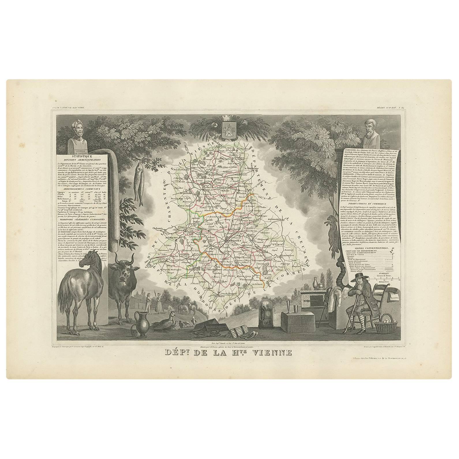 Antique Map of Upper Vienne ‘France’ by V. Levasseur, 1854 For Sale