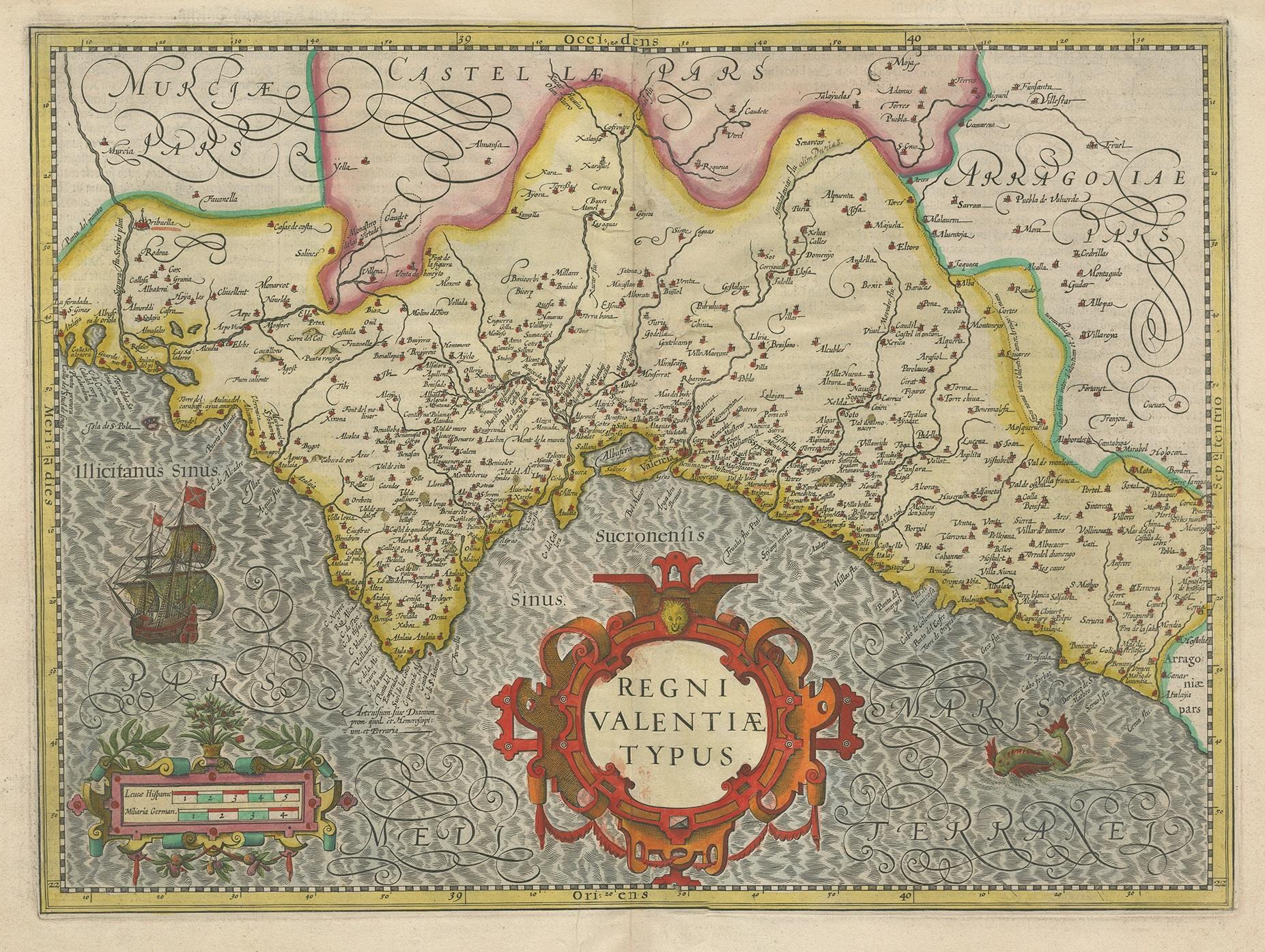 Antique map titled 'Regni Valentiae Typus'. Original antique map of Valencia, Spain. With two cartouches, a large ship and a seamonster. Published by Mercator/Hondius, 1633.