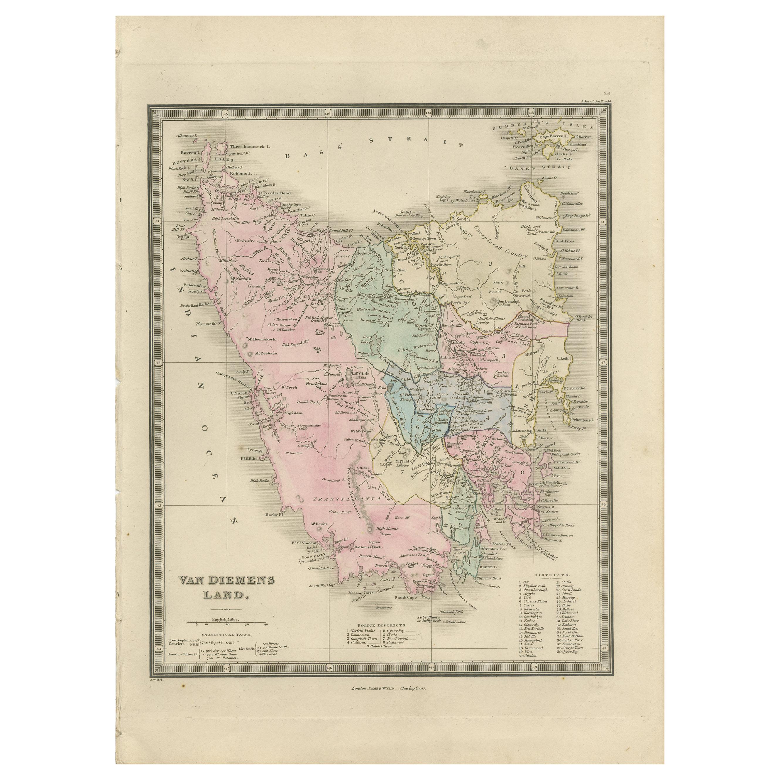 Antique Map of Van Diemen's Land 'Tasmania' by Wyld, '1845'