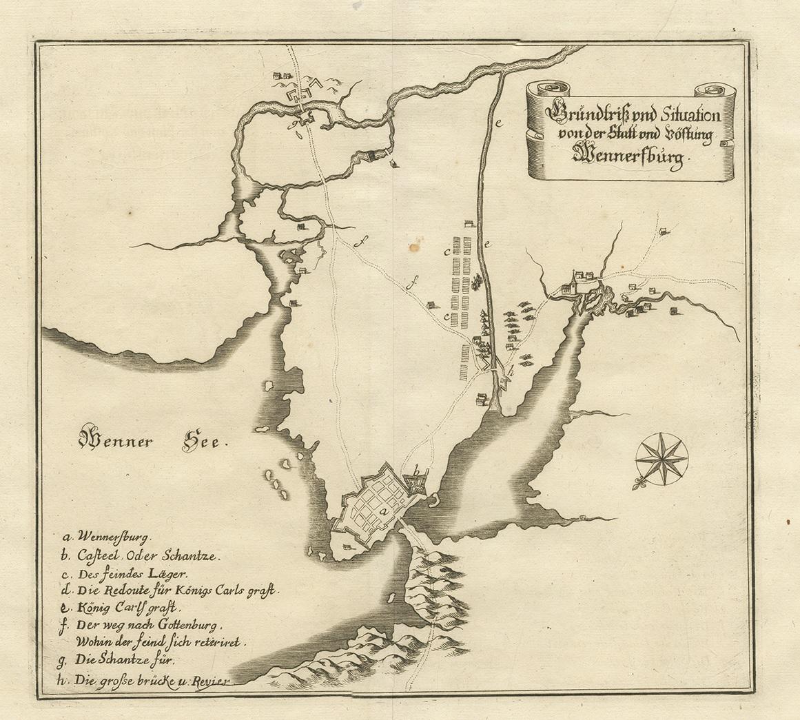 Antique map titled 'Grundtriss und Situation von der Statt und Vöstung Wennersburg'. Copper engraved plan of Vänersborg, Sweden. This map orginates from 'Theatrum Europaeum' by Merian, circa 1680.