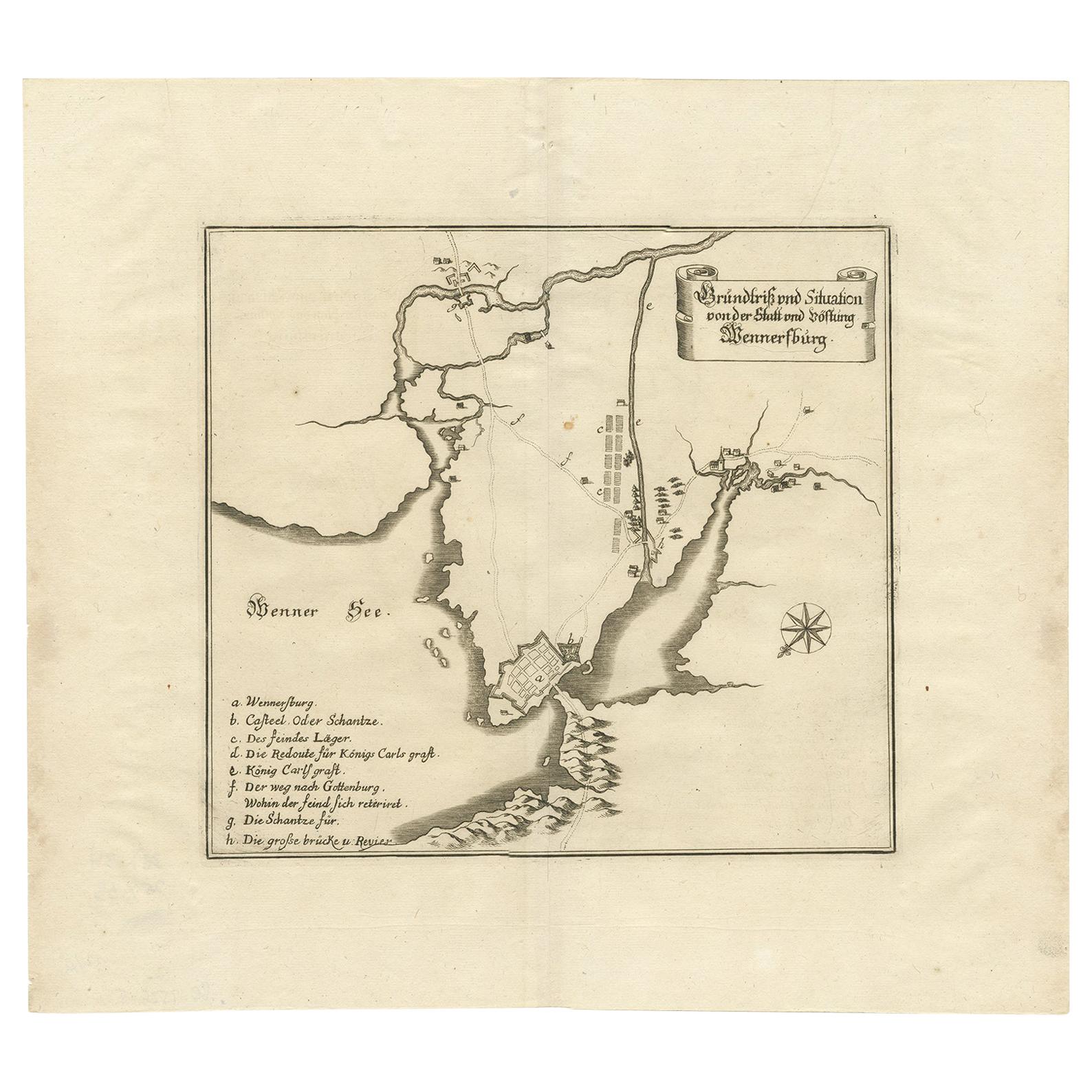 Antike Karte von Vänersborg von Merian 'um 1680' im Angebot