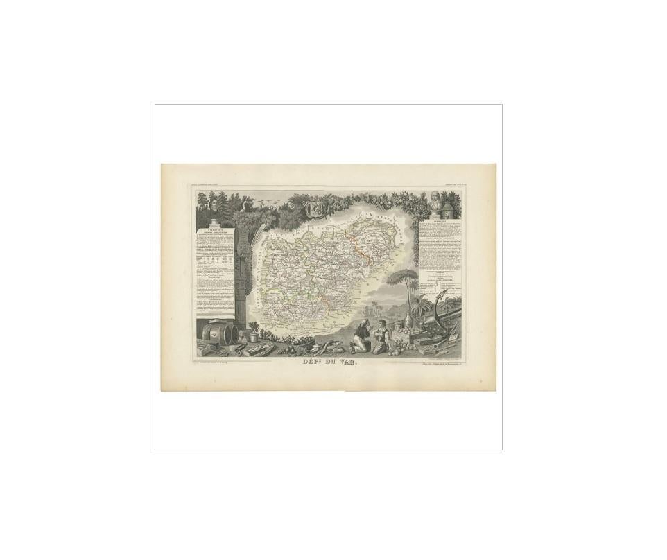 Antique map titled 'Dépt. du Var'. Map of the French department of Var, the heart of the French Riviera or Côte d'Azur. Includes the resort cities of Cannes, Nice and San Tropez, among many others. This area also houses a number of vineyards. Here