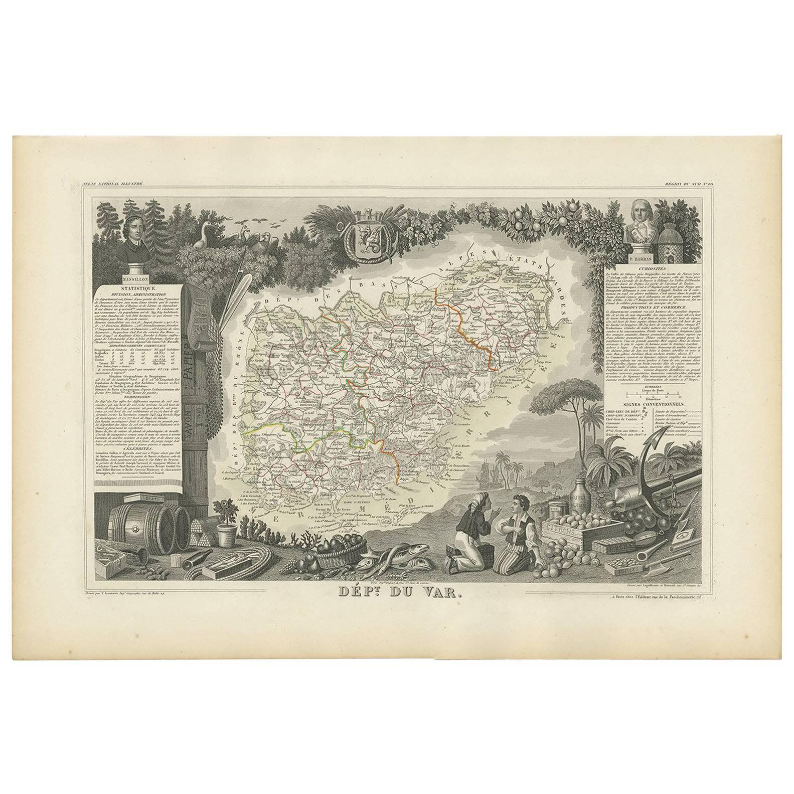 Antique Map of Var 'France' by V. Levasseur, 1854 For Sale