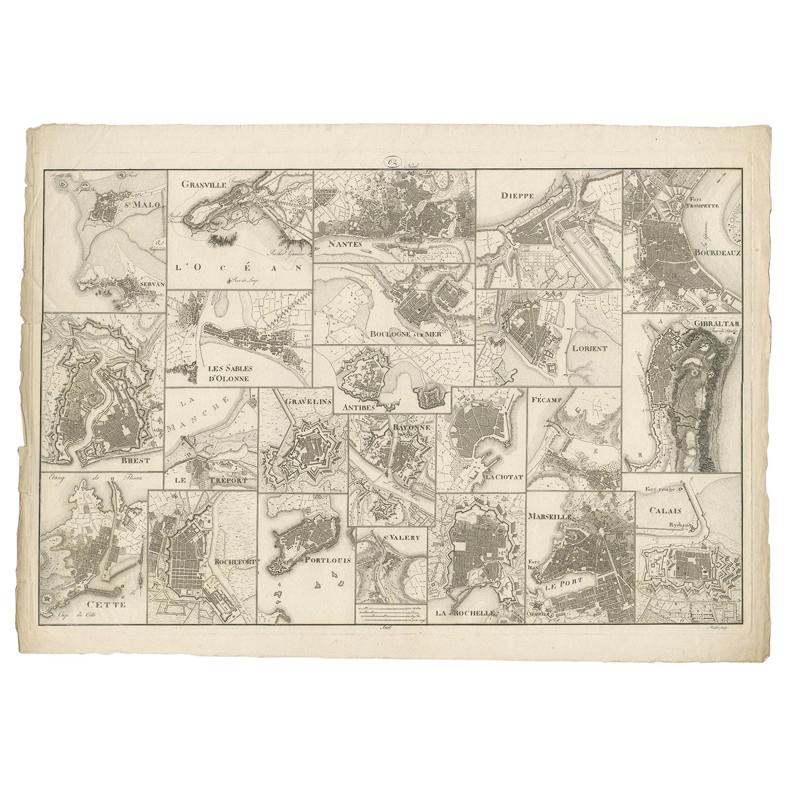 Mapa antiguo de varios puertos de Francia por Röder 'circa 1800'