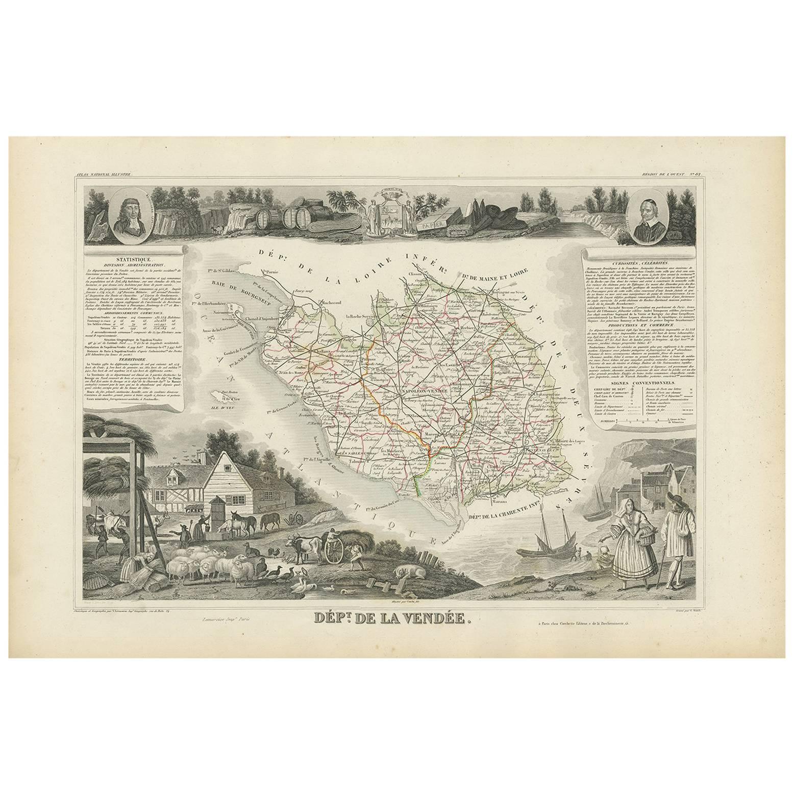 Antique Map of Vendée ‘France’ by V. Levasseur, 1854