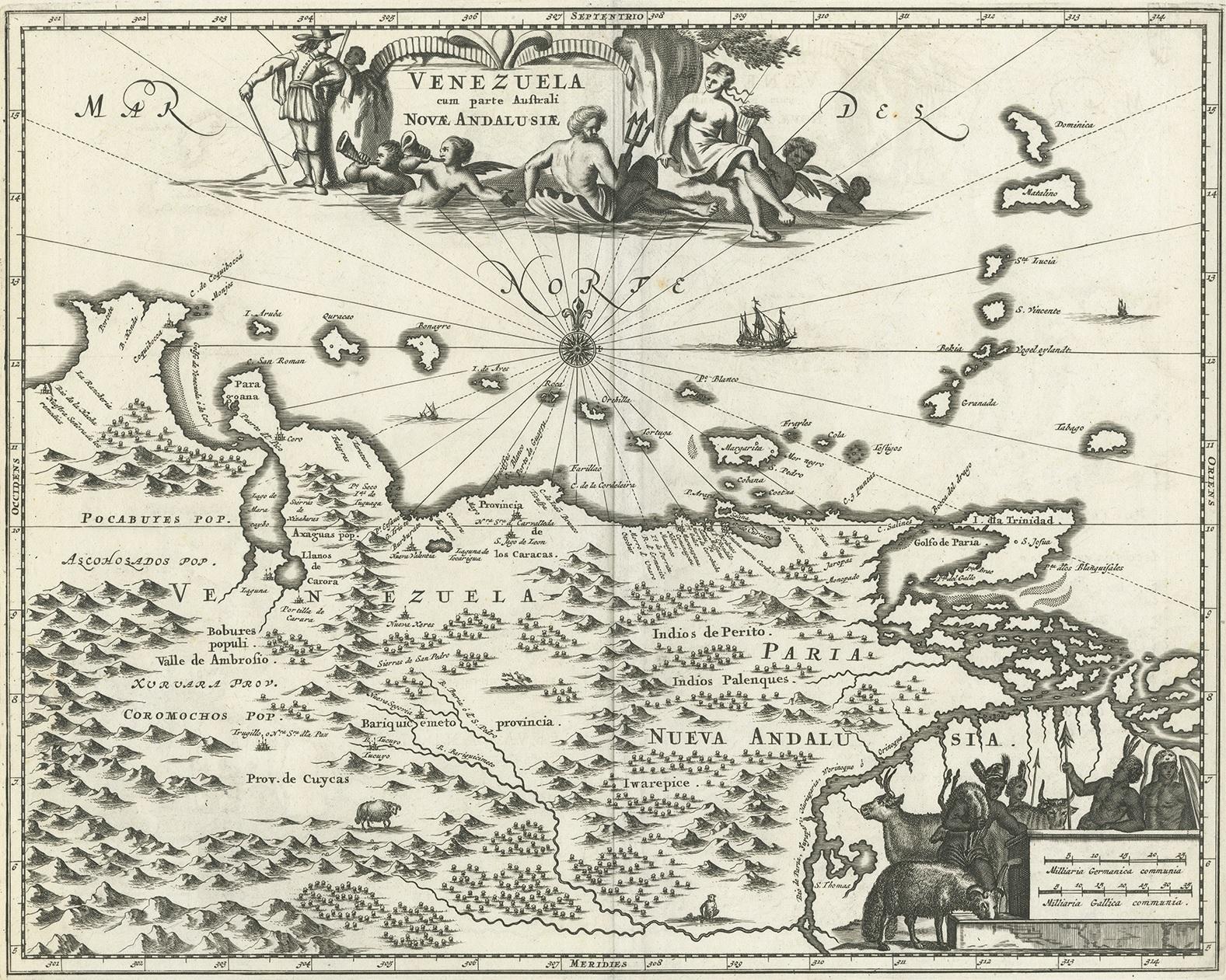 Antique map titled 'Venezuela cum parte Australi Novae Andalusiae'. The map extends from Coquibocoa to the Orinoque River, centered on Bariquicemento and Cape de Curiacao. Large cartouche, compass rose and sailing ships and vignettes of animals in