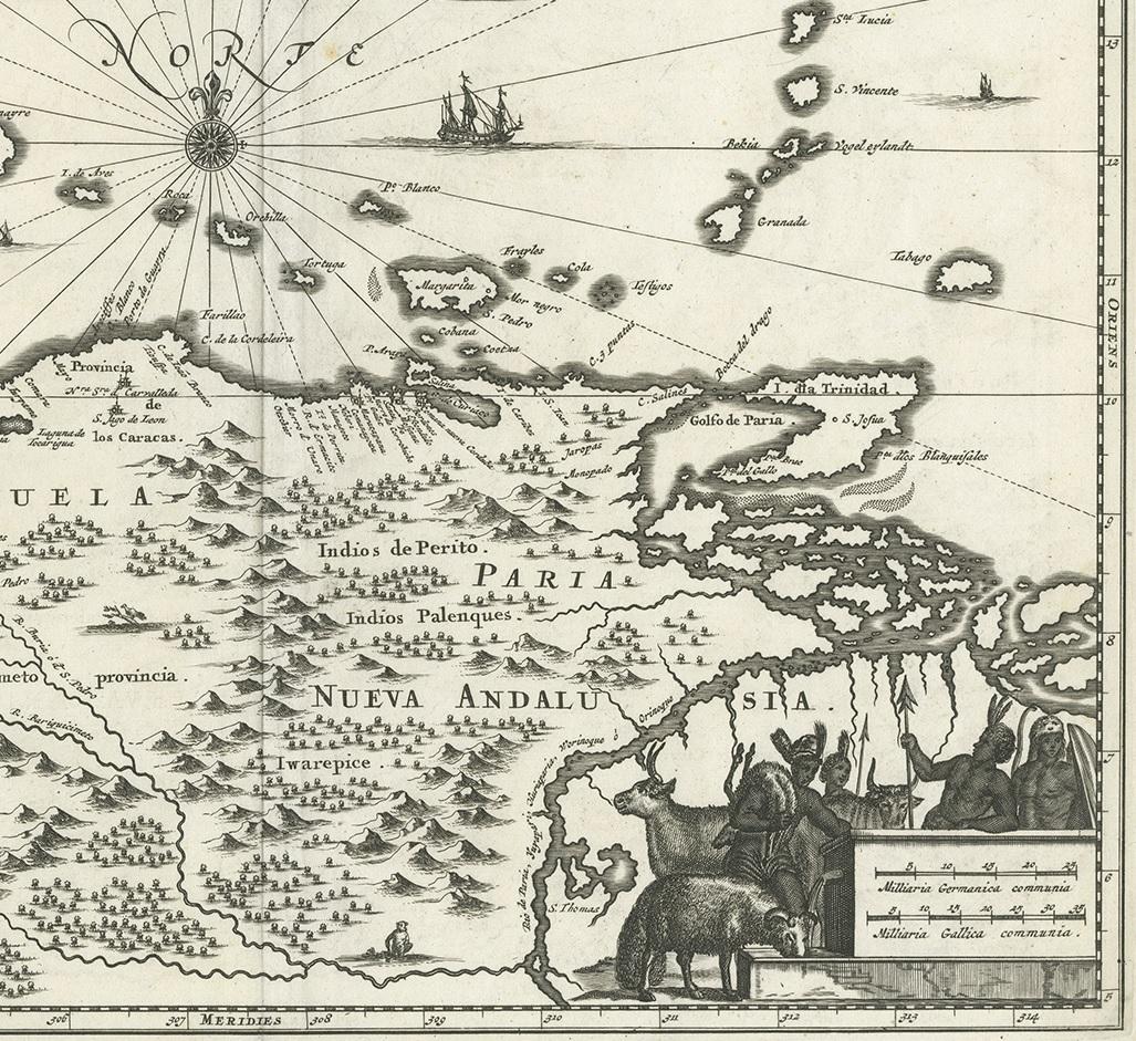 Carte ancienne du Venezuela par Montanus, 1671 Bon état - En vente à Langweer, NL