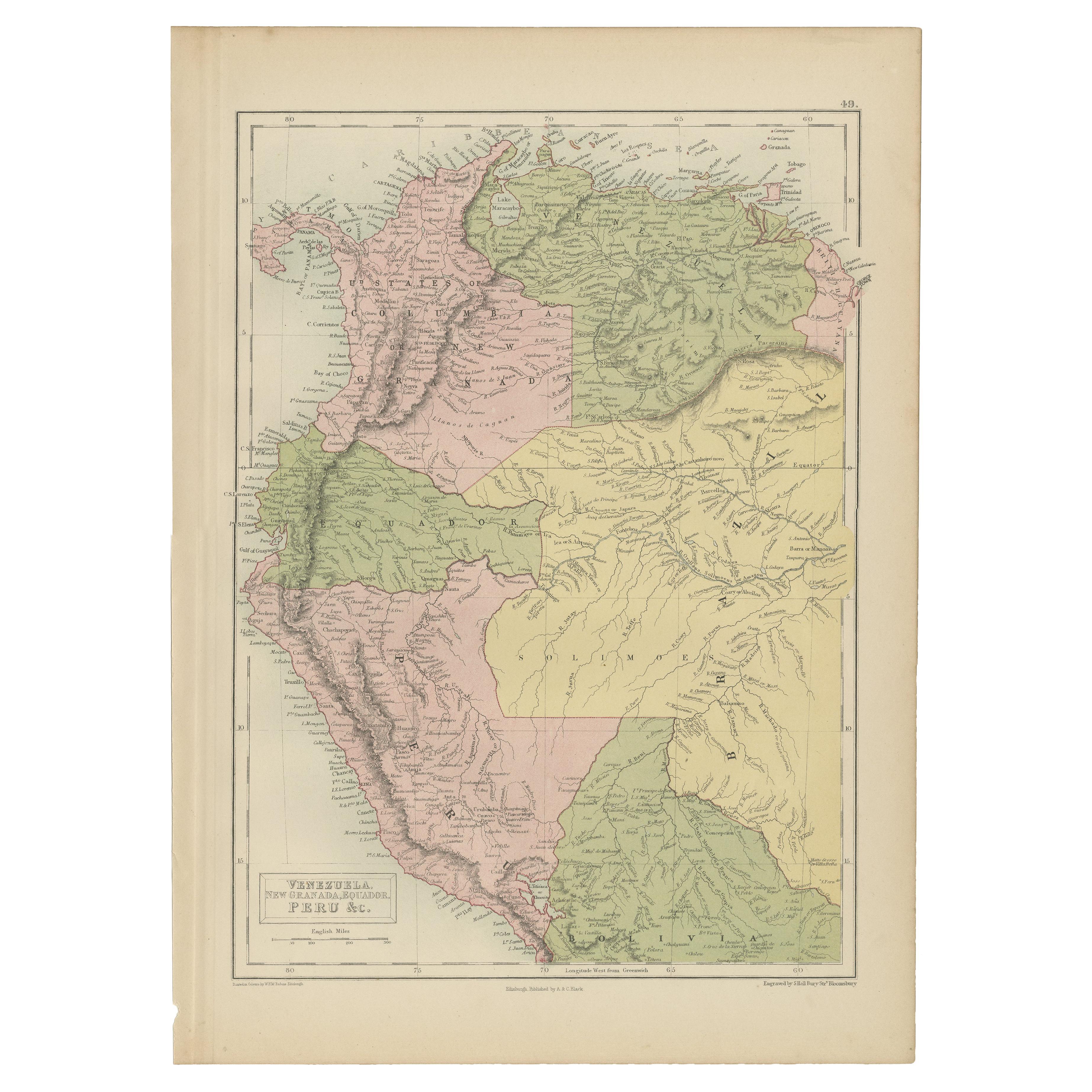 Carte ancienne du Venezuela, de la Nouvelle Grenade, de l'Équateur et du Pérou par a & C. Black, 1870