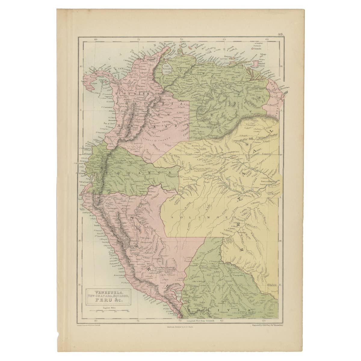 Antique Map of Venezuela, New Granada, Ecuador and Peru by a & C. Black, 1870
