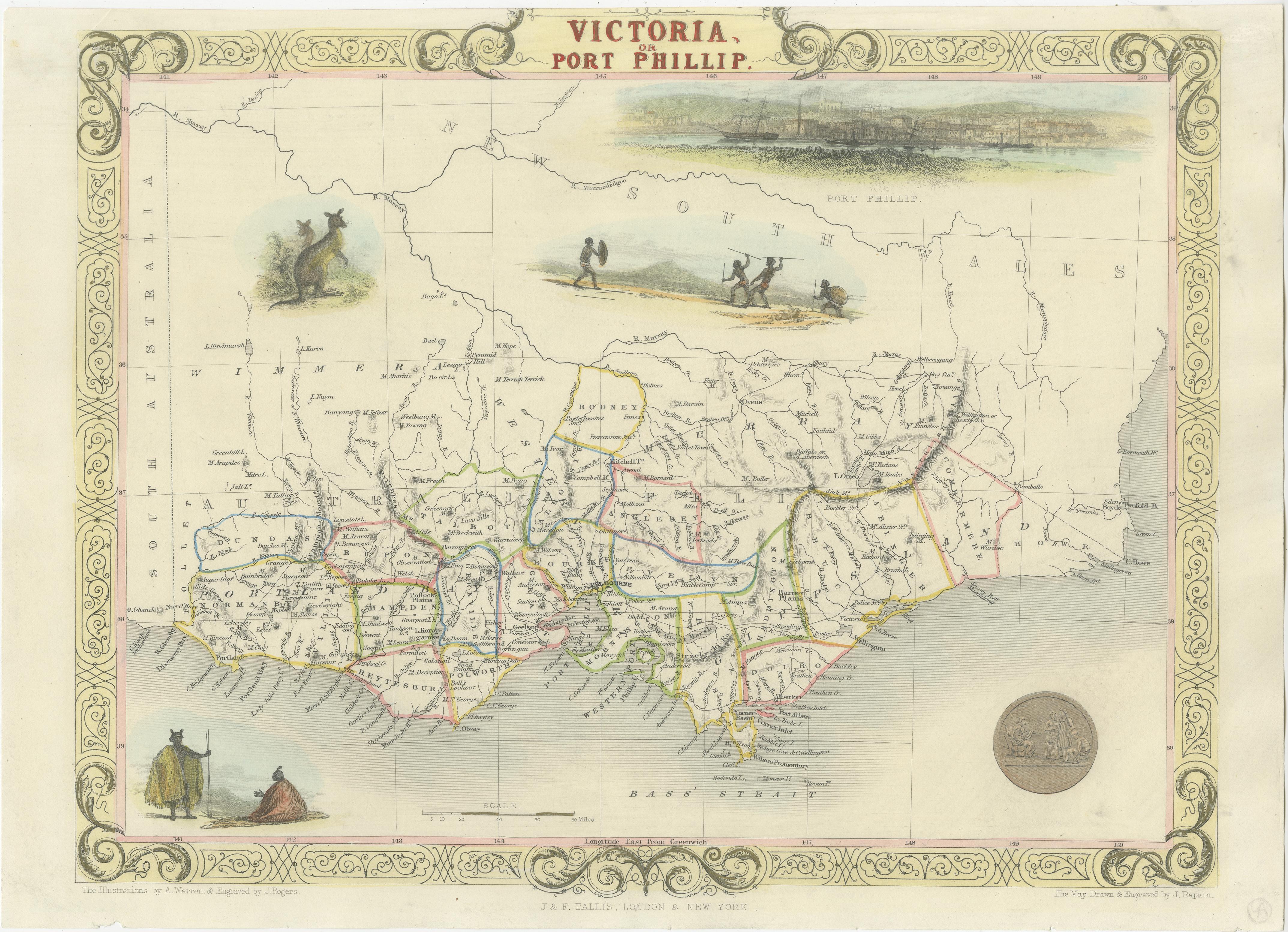 This antique map, measuring approximately 12.7 x 10.0 inches, showcases Victoria, specifically centered around Melbourne, Australia. Crafted by John Tallis around 1850, this map is part of the Illustrated Atlas and Modern History of the