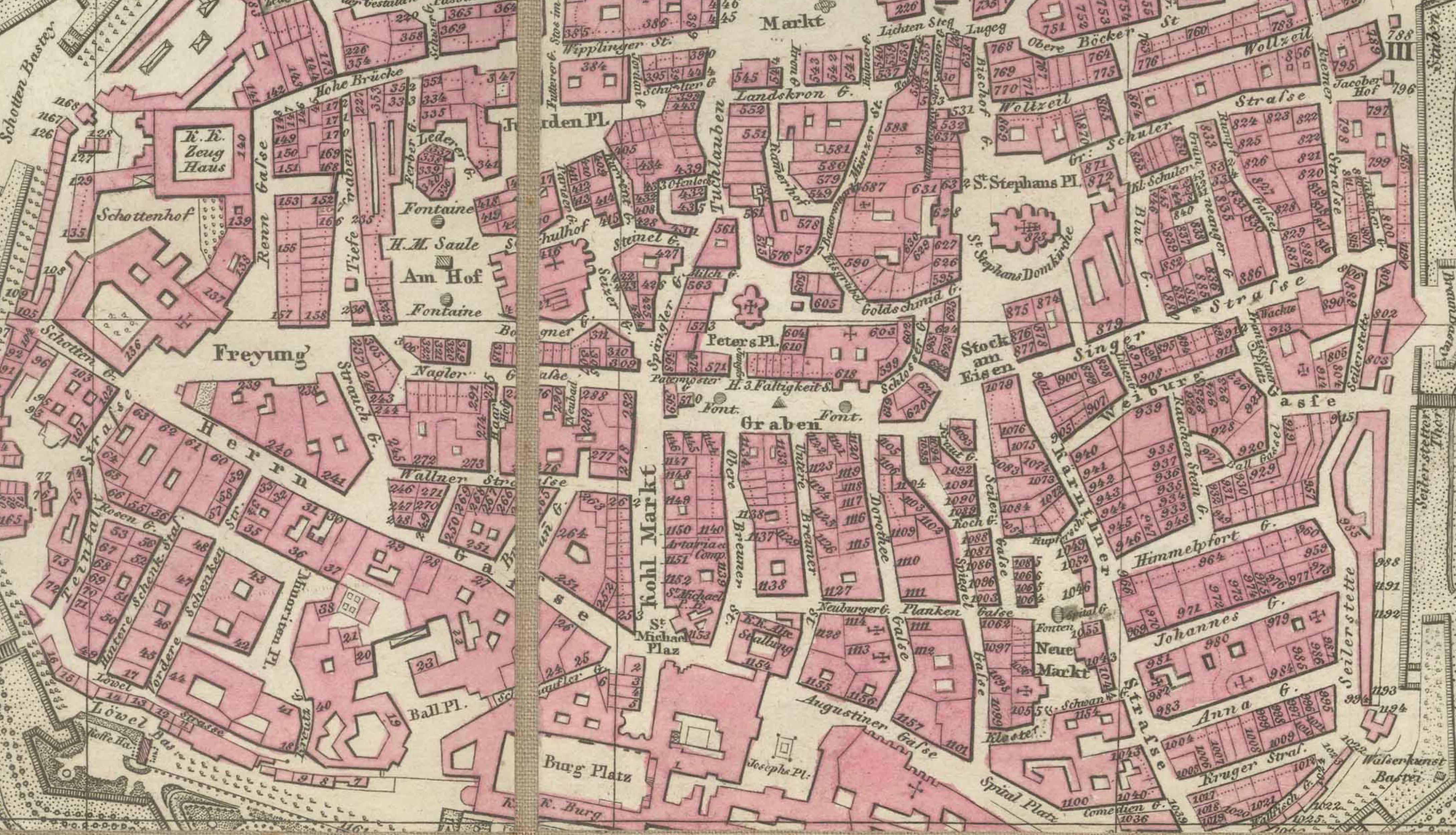 Antique Map of Vienna, Plan von Wien, Hand Colored Artaria City Plan, 1839