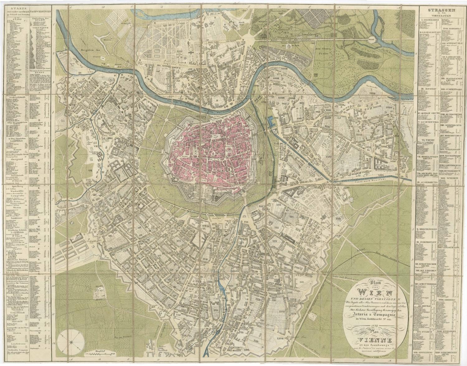 Antique Map of Vienna, Plan von Wien, Hand Colored Artaria City Plan, 1839