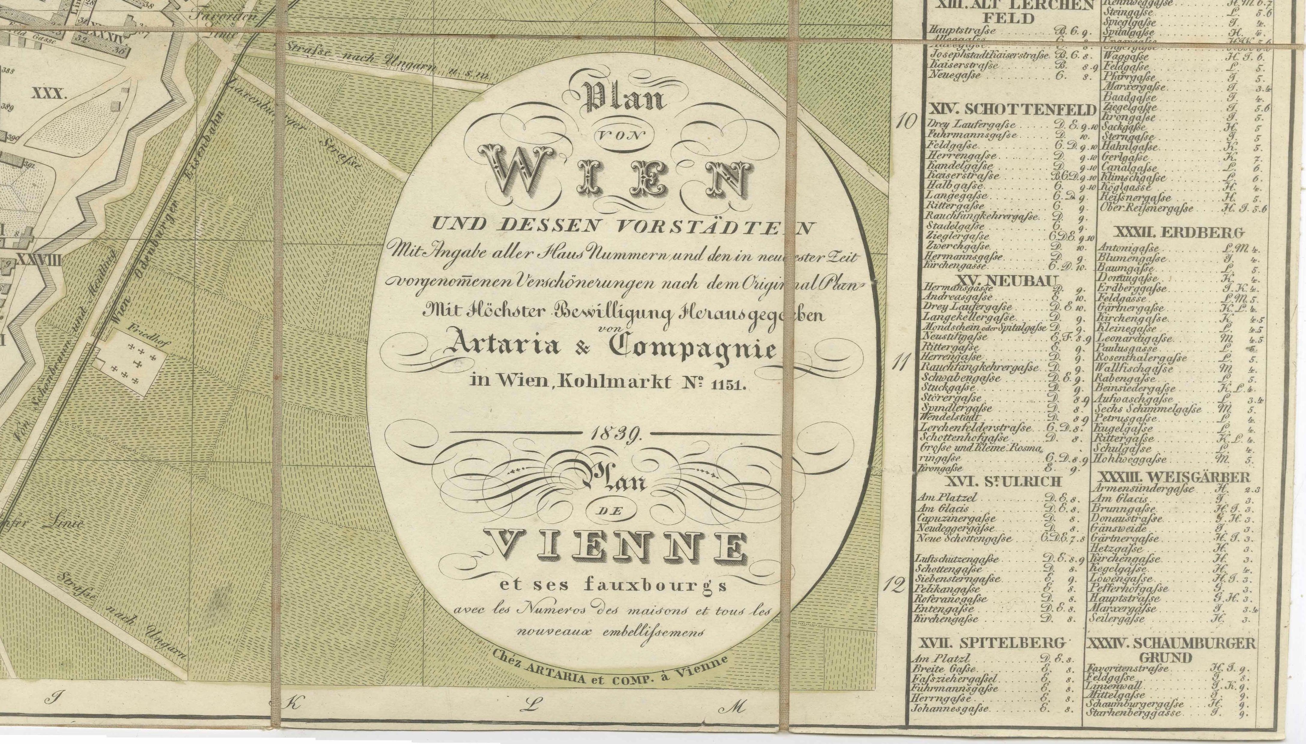 Antique Map of Vienna, Plan von Wien, Hand Colored Artaria City Plan, 1839