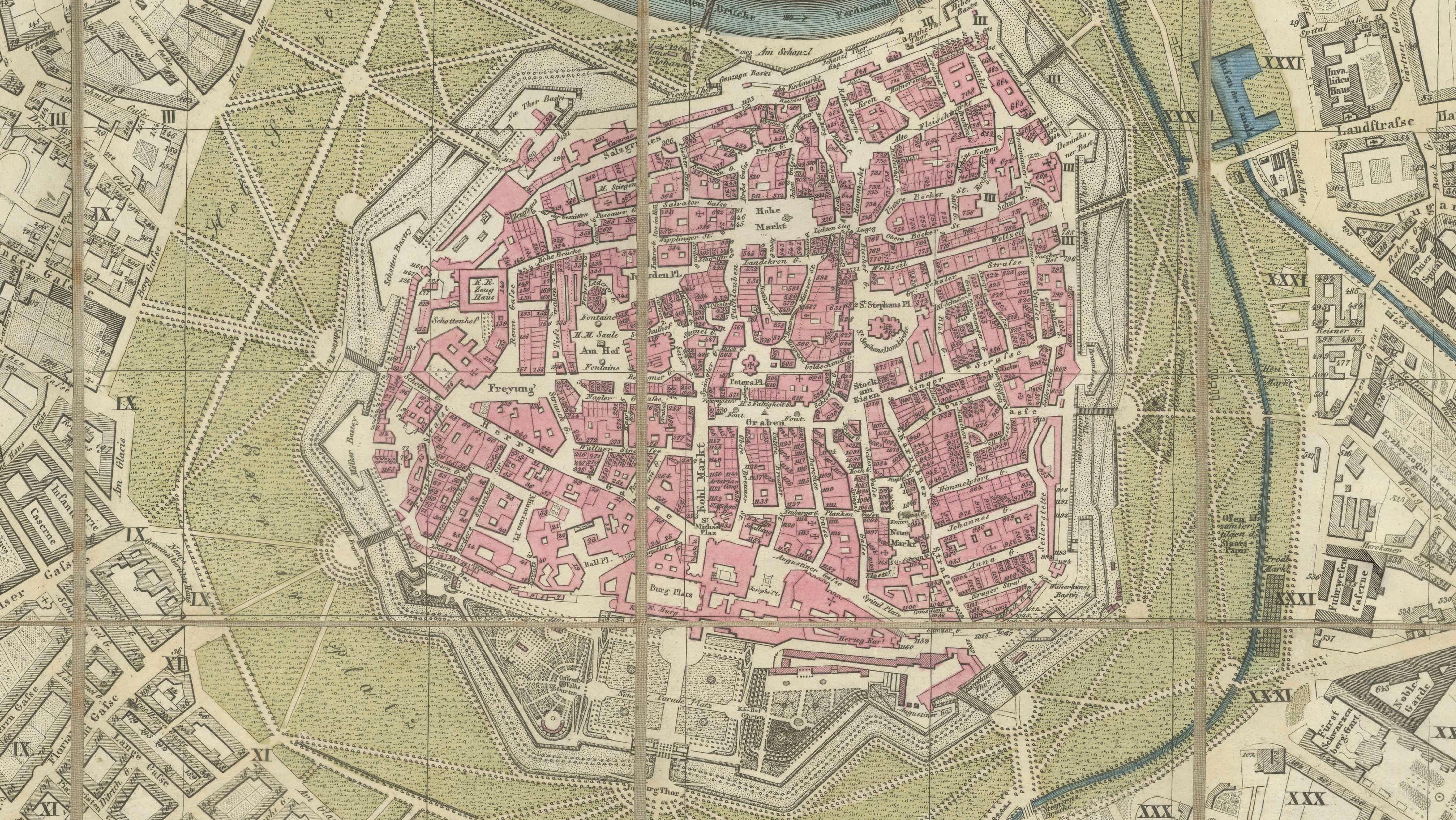 Antique Map of Vienna, Plan von Wien, Hand Colored Artaria City Plan, 1839