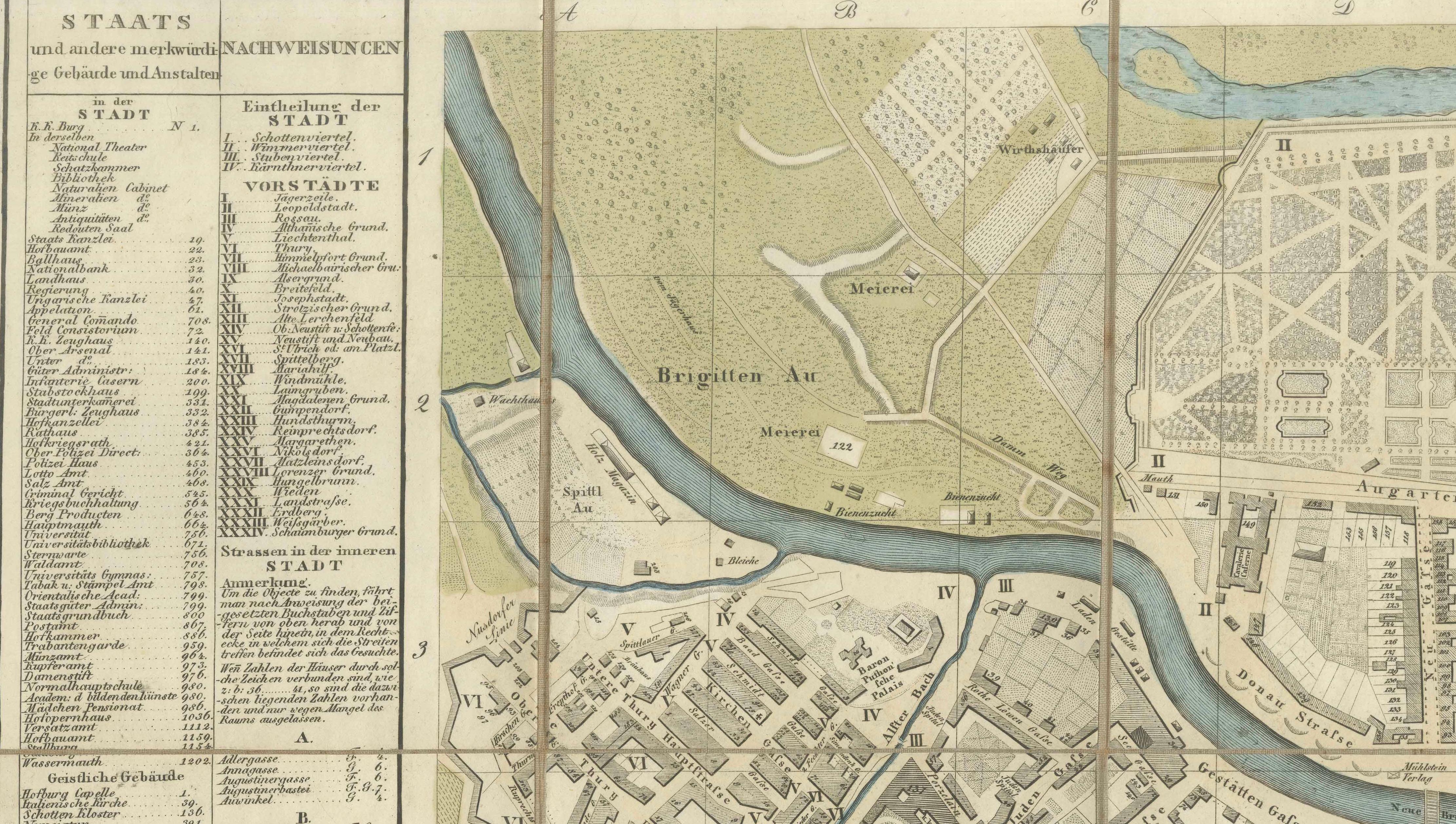 Antique Map of Vienna, Plan von Wien, Hand Colored Artaria City Plan, 1839