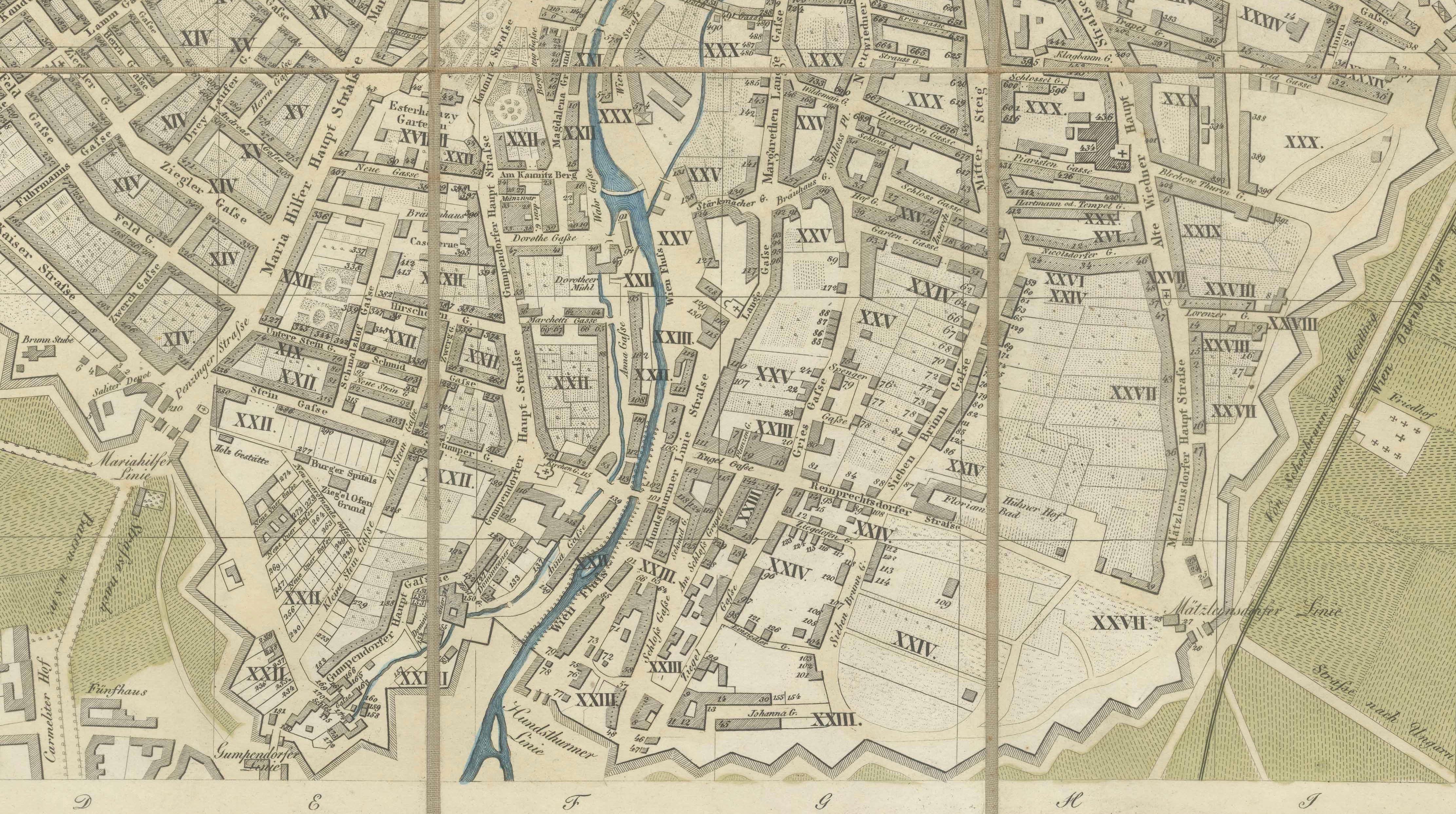 Antique Map of Vienna, Plan von Wien, Hand Colored Artaria City Plan, 1839