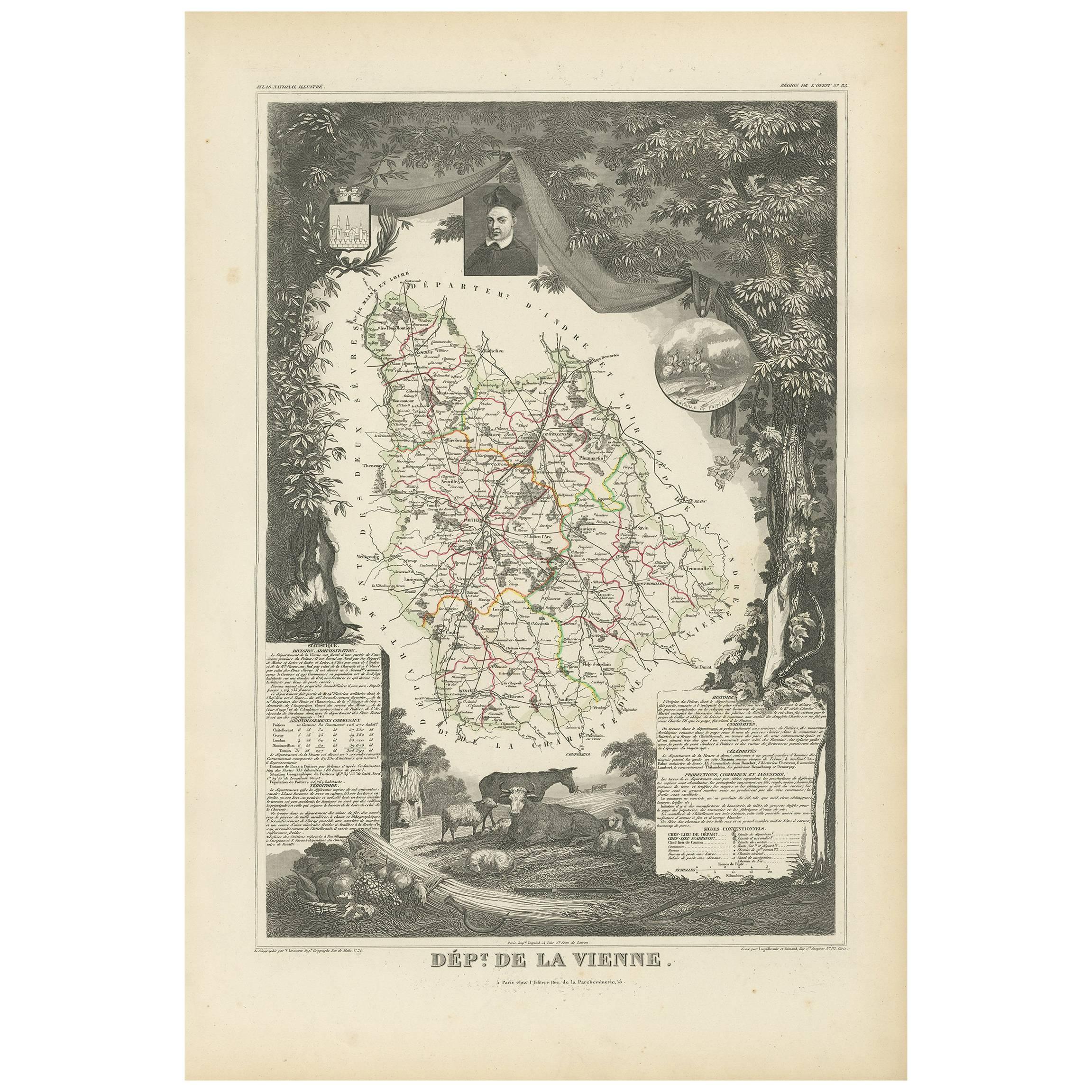 Antique Map of Vienne 'France' by V. Levasseur, 1854