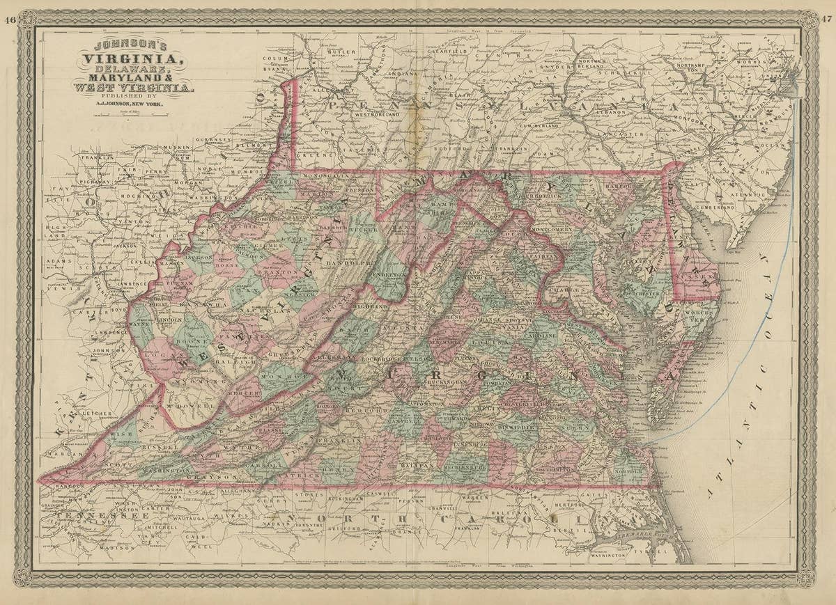 Antique Map of Virginia, Delaware, Maryland & West Virginia by Johnson, 1872