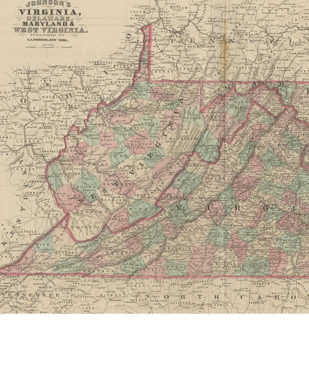 Carte ancienne de la Virginie, du Delaware, du Maryland et de la Virginie occidentale par Johnson, 1872 État moyen - En vente à Langweer, NL