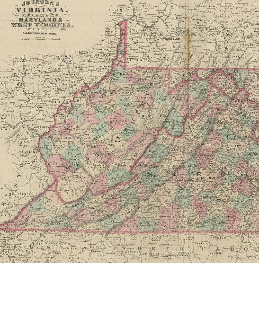 Antique Map of Virginia, Delaware, Maryland & West Virginia by Johnson, 1872