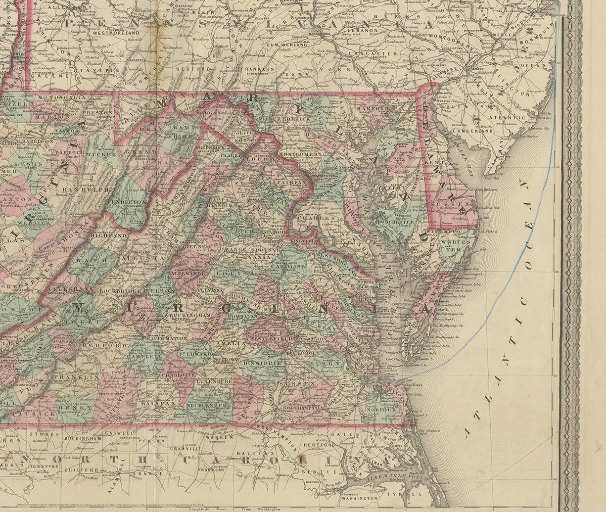 XIXe siècle Carte ancienne de la Virginie, du Delaware, du Maryland et de la Virginie occidentale par Johnson, 1872 en vente