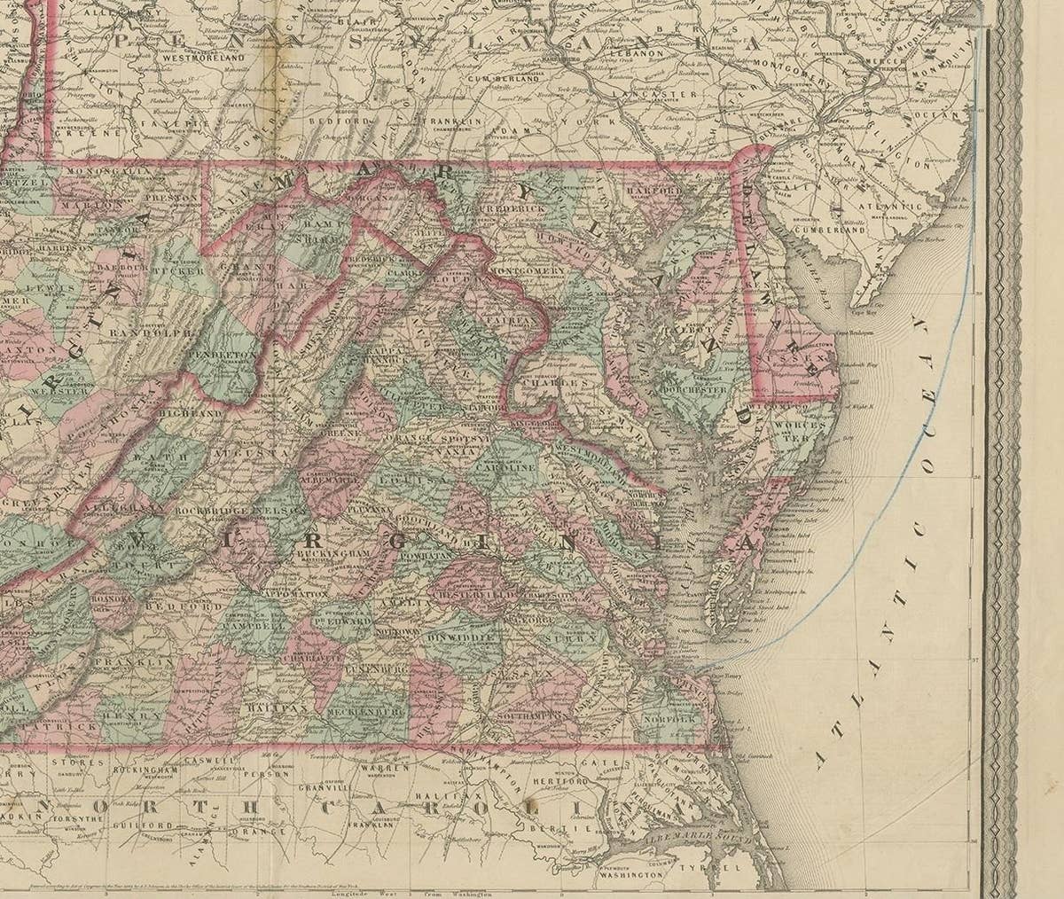 Antique Map of Virginia, Delaware, Maryland & West Virginia by Johnson, 1872