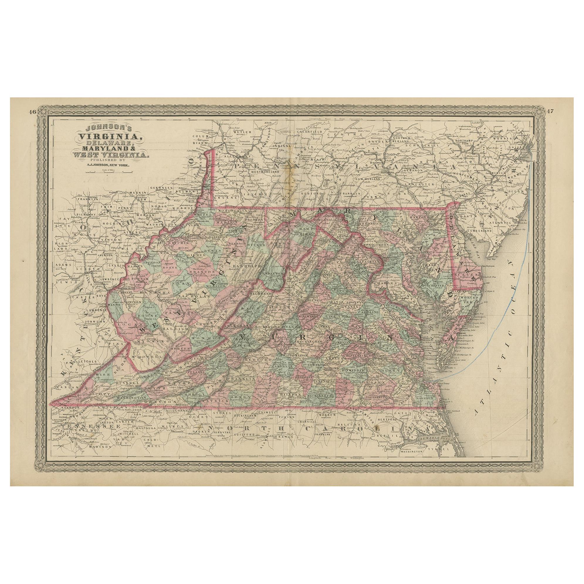 Carte ancienne de la Virginie, du Delaware, du Maryland et de la Virginie occidentale par Johnson, 1872