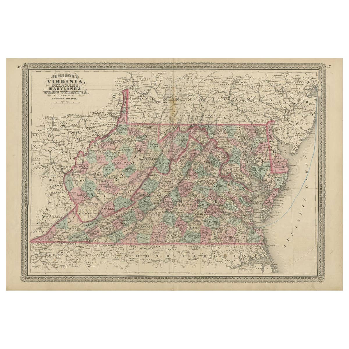 Antique Map of Virginia, Delaware, Maryland & West Virginia by Johnson, 1872