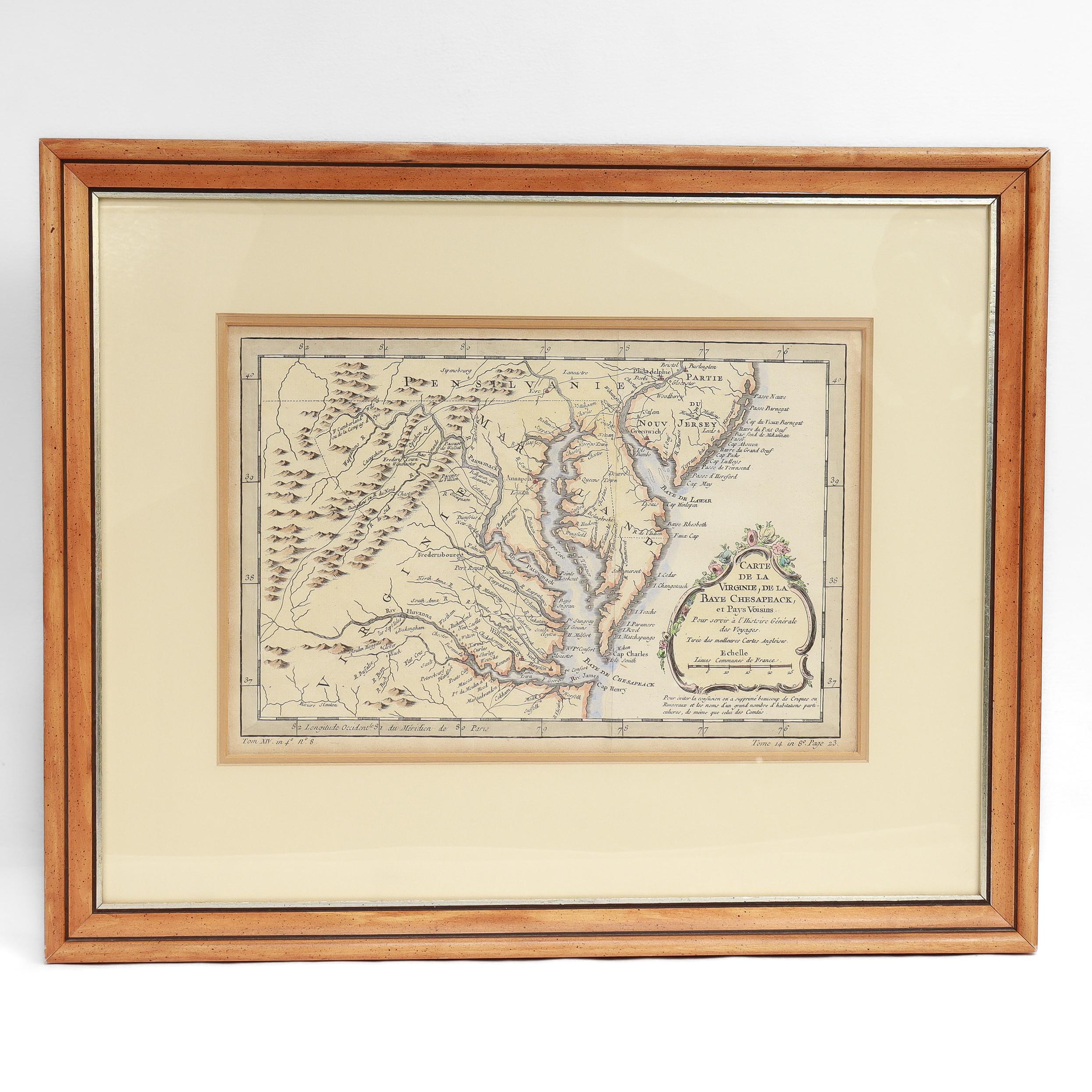 Une belle carte française ancienne du 18e siècle de l'Amérique du Nord.

Par Jacques-Nicolas Bellin.

Sur papier vergé avec rehauts de polychromie.

Représentant la Virginie, la baie de Chesapeake et les États voisins du Maryland, de la Pennsylvanie