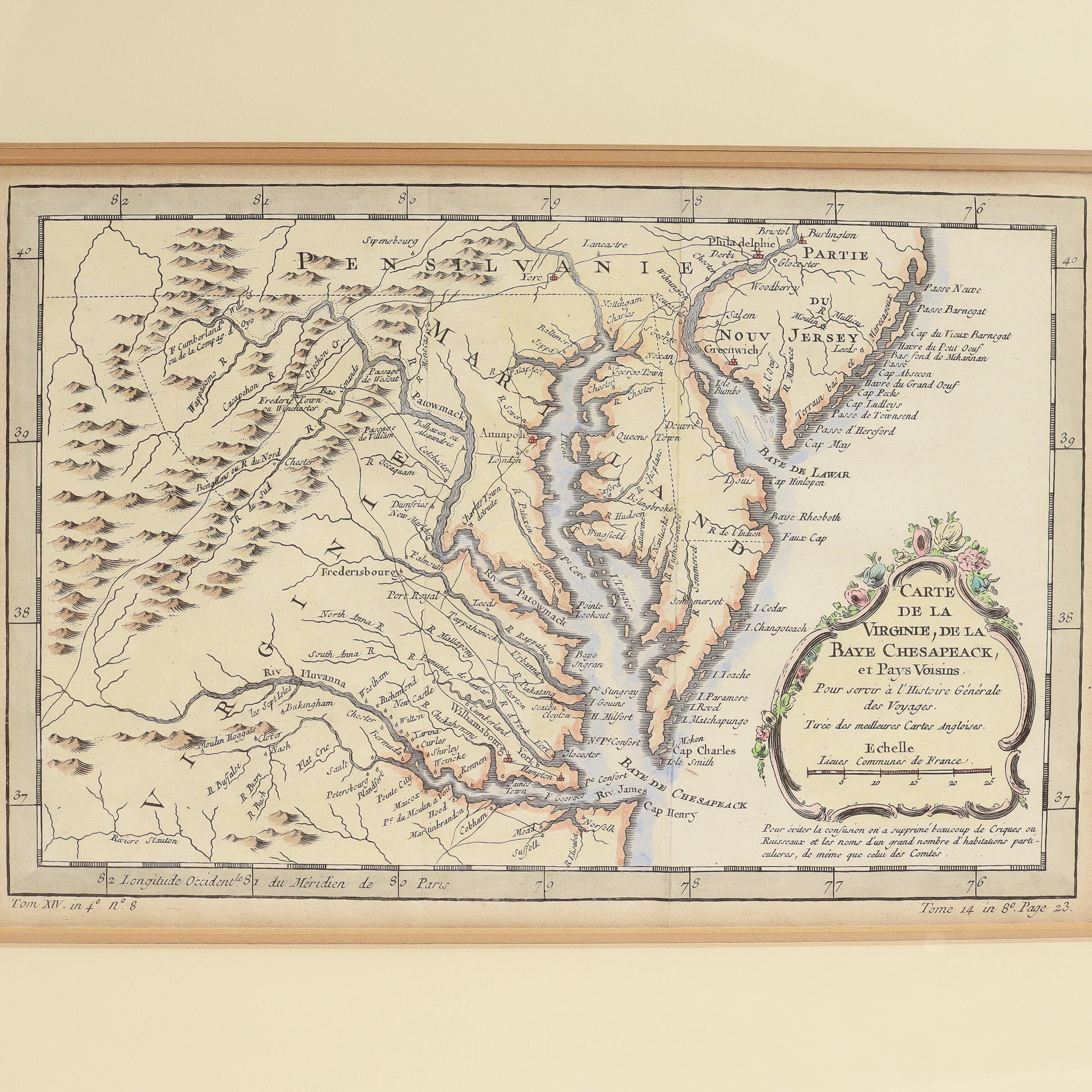 Baroque Carte ancienne de la Virginie et de la baie de Chesapeake par Jacques-Nicolas Bellin, c.C. 1750 en vente